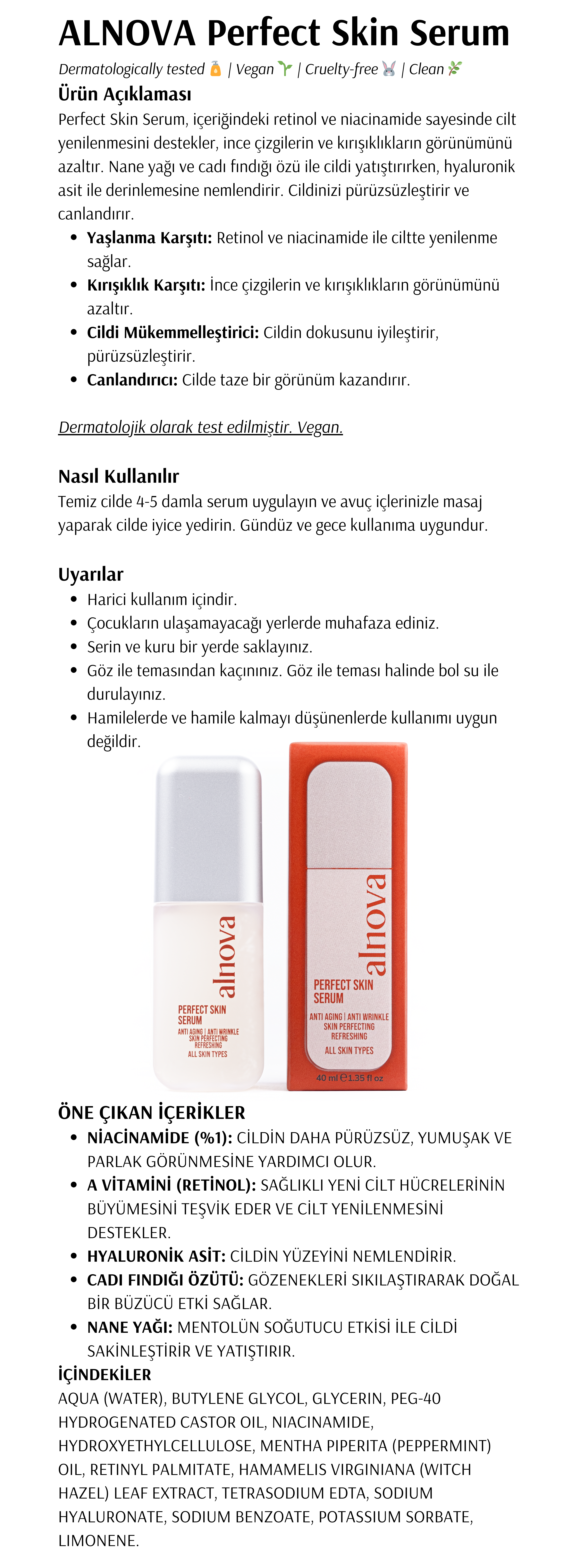 Niasinamid & Retinol & Hyaluronik Asit İçeren Yüz Serumu - Perfect Skin Serum
