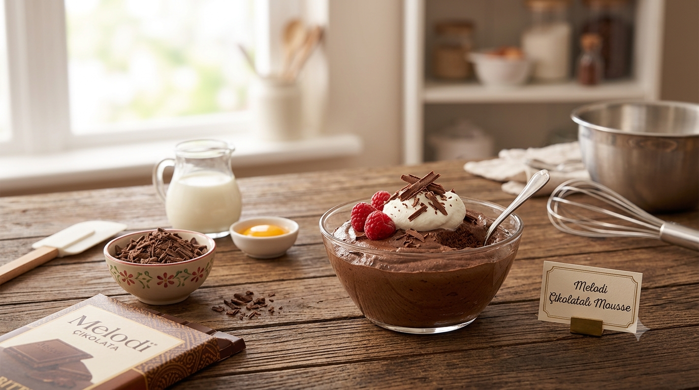 elodi pul çikolata ile hazırlanmış meyve süslemeli çikolatalı Mus Mousse tatlısı