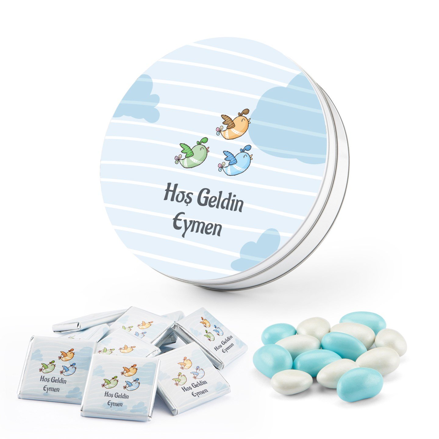 İsme Özel Erkek Bebek Çikolatası Yuvarlak Kutu