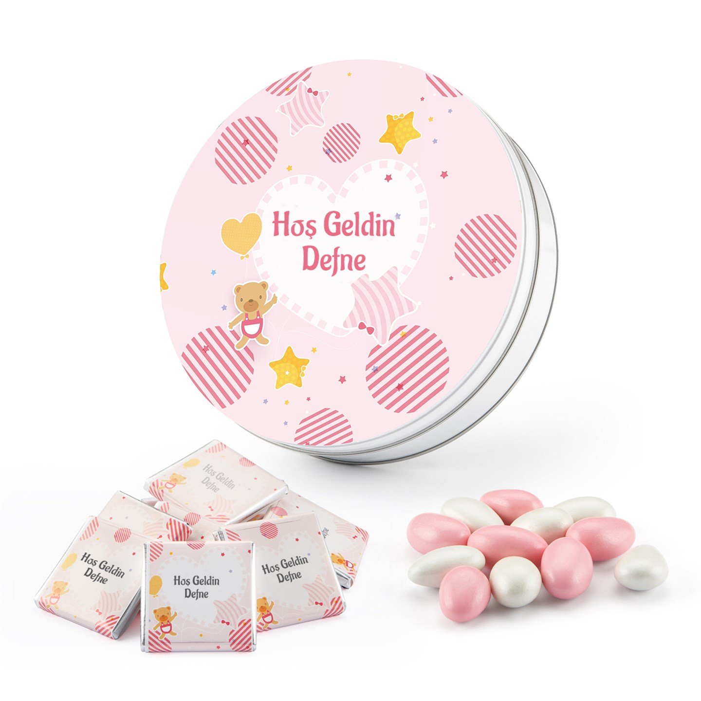 İsme Özel Kız Bebek Çikolatası Yuvarlak Kutu