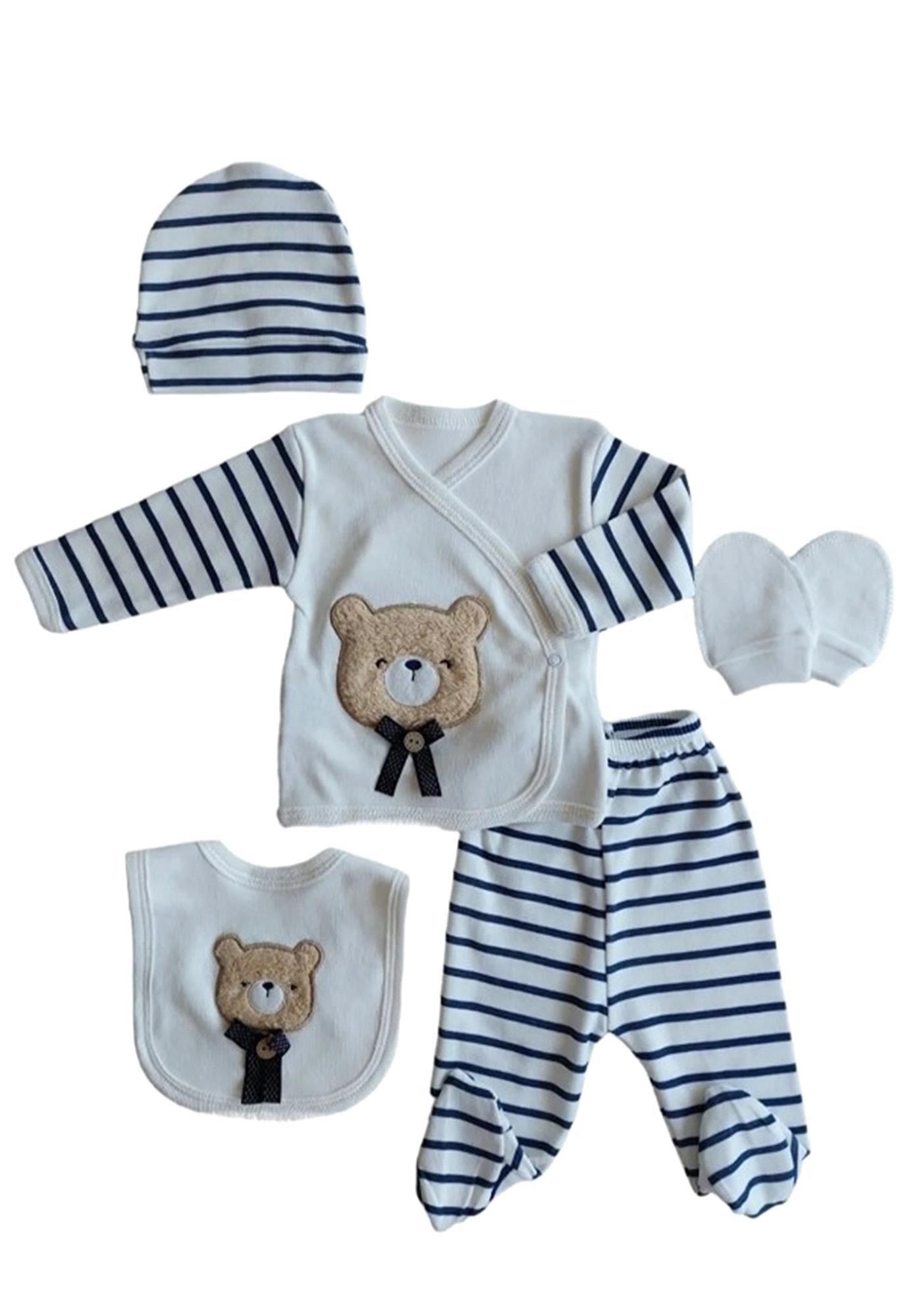 Baby Zuhu 5 li Set Çizgili Ayı Nakışlı Erkek Hastane çıkışı Z101