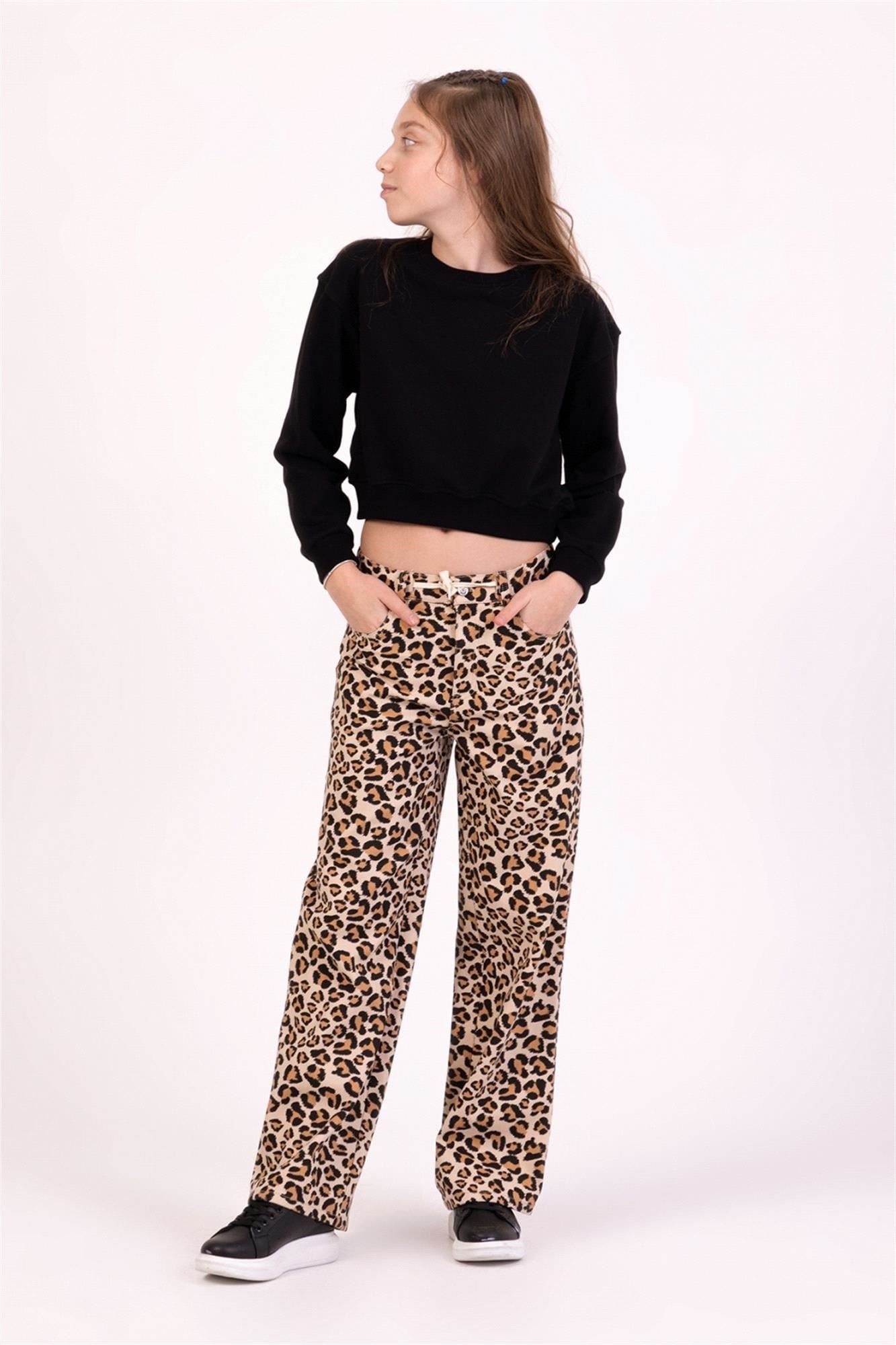 DMB Kız Çocuk Leopar Baskılı Pantolon Bej M0630