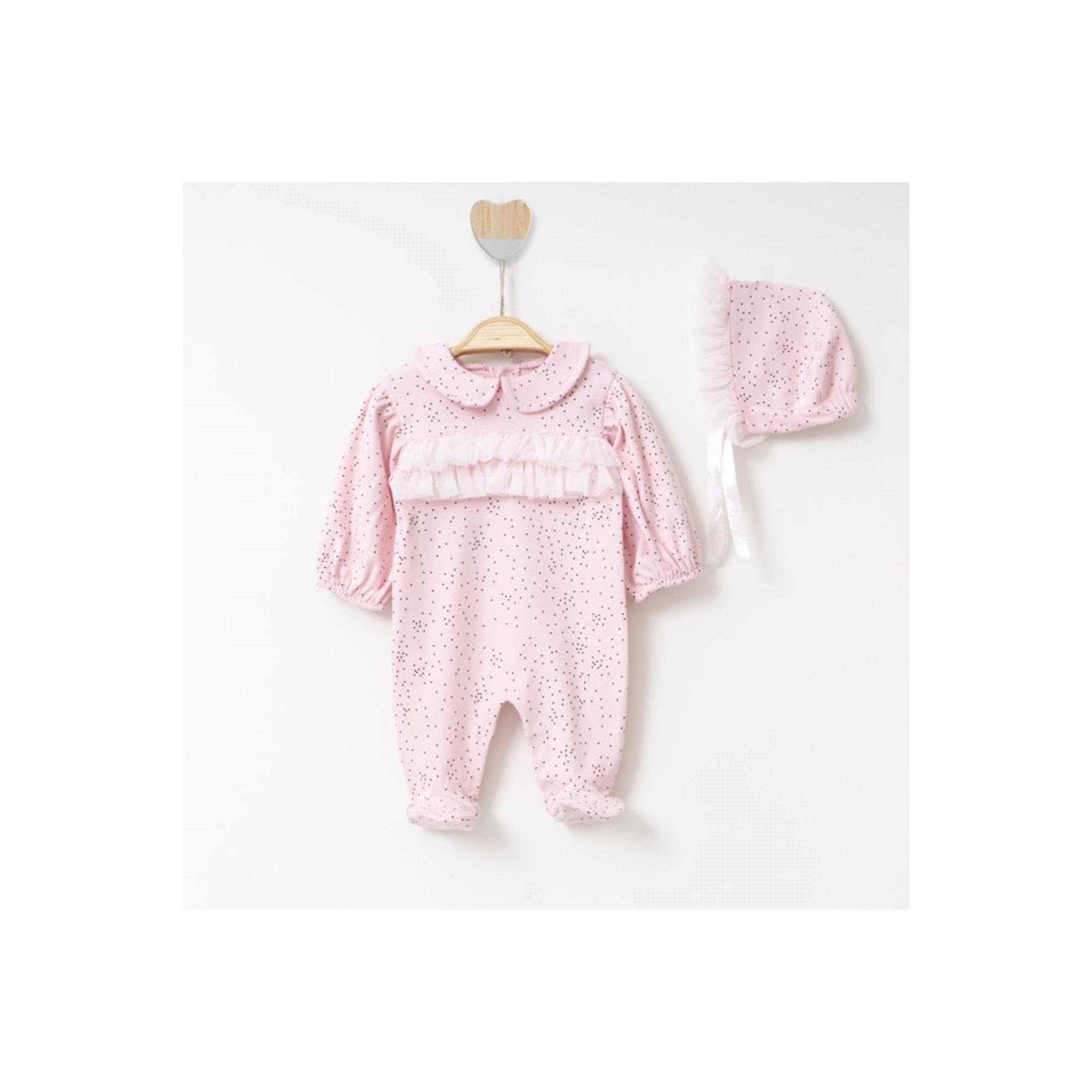 Jadeer Kız Bebek Lora Şapkalı Fırfırlı Tulum Pembe 1237