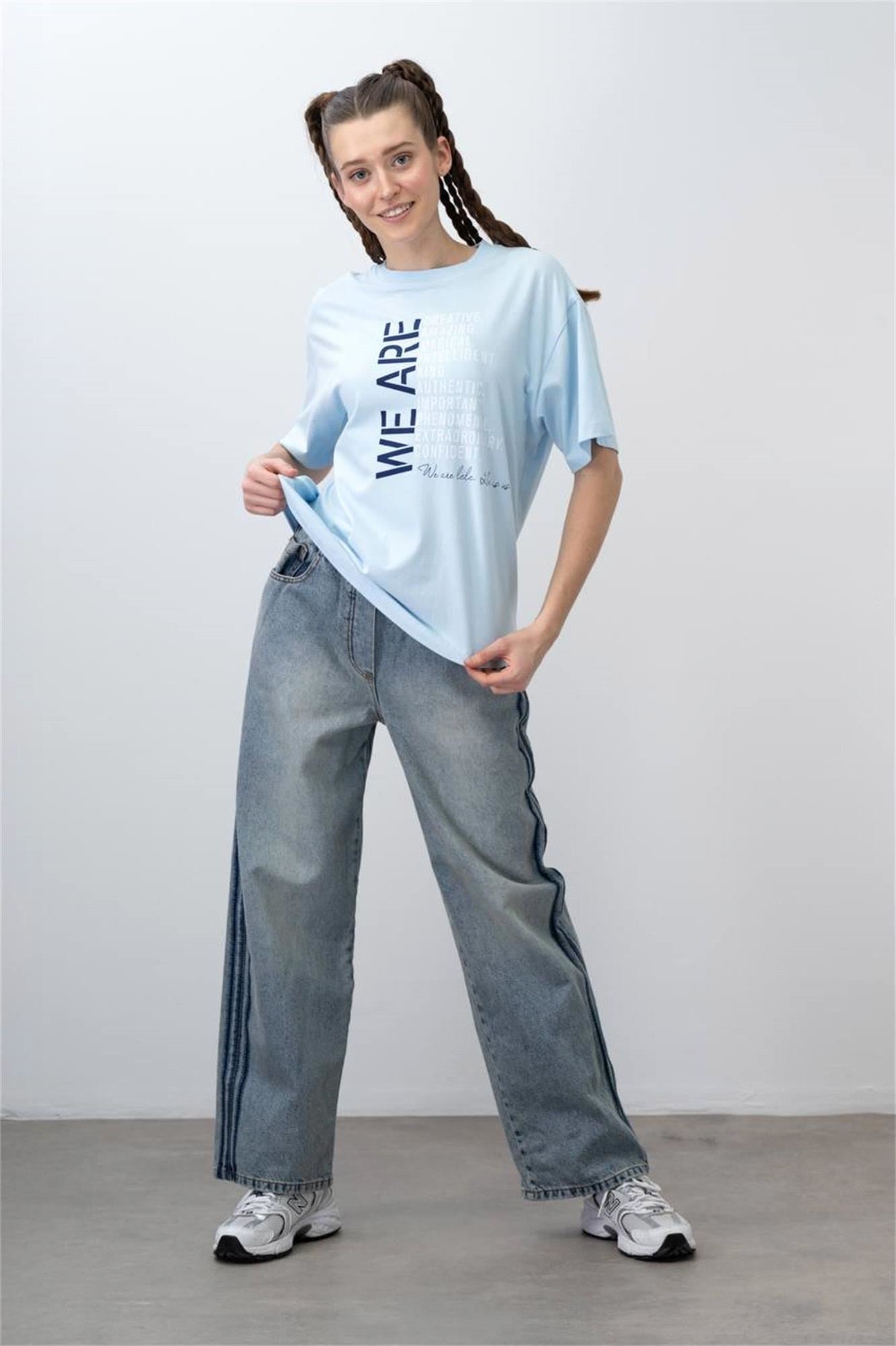 Loco Loco Kız Genç Kordonlu Oversize Denim Pantolon Mavi 7470