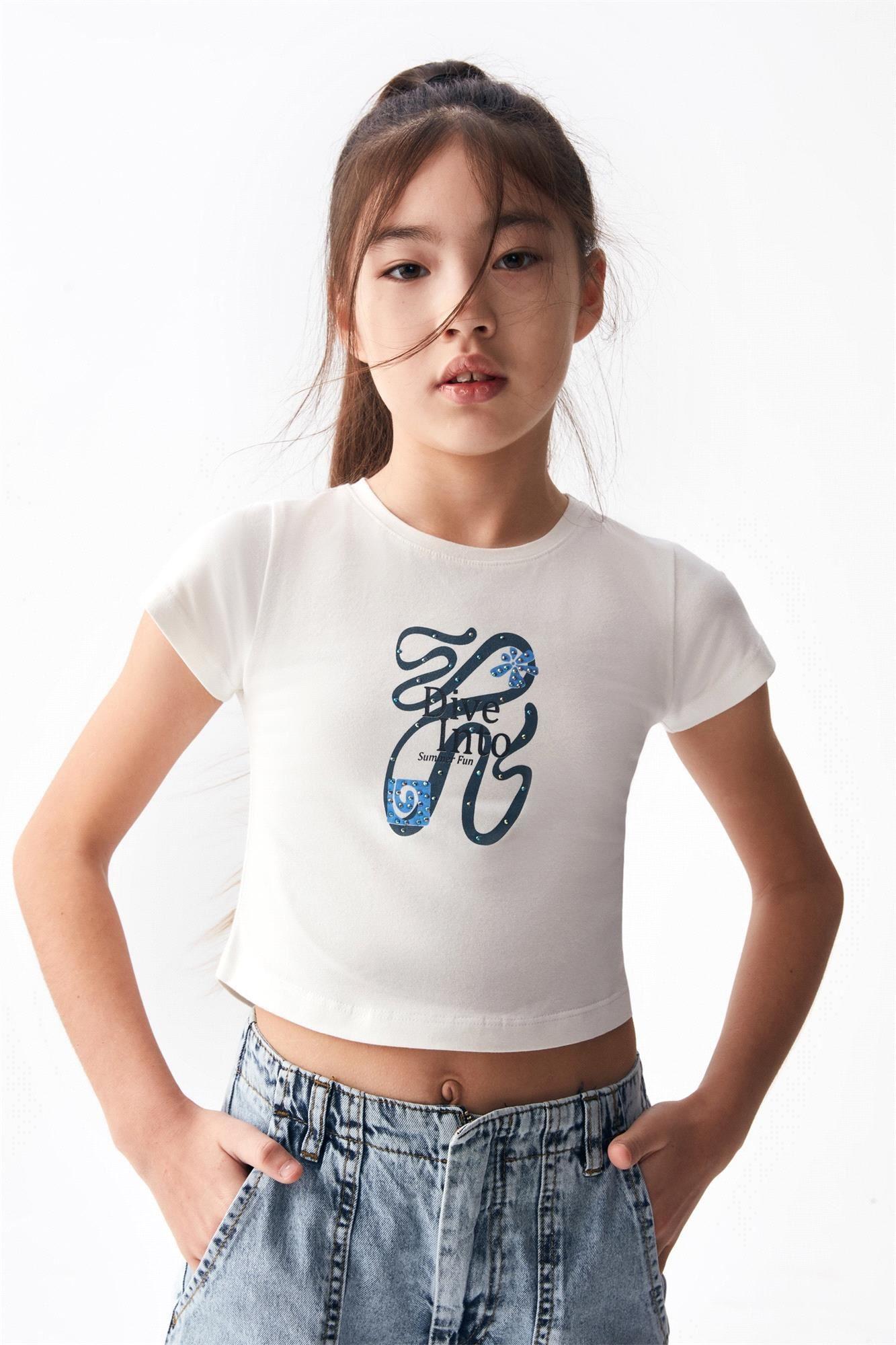 Nk Kids Kız Çocuk Sarmal Tişört Ekru Mavi 36435