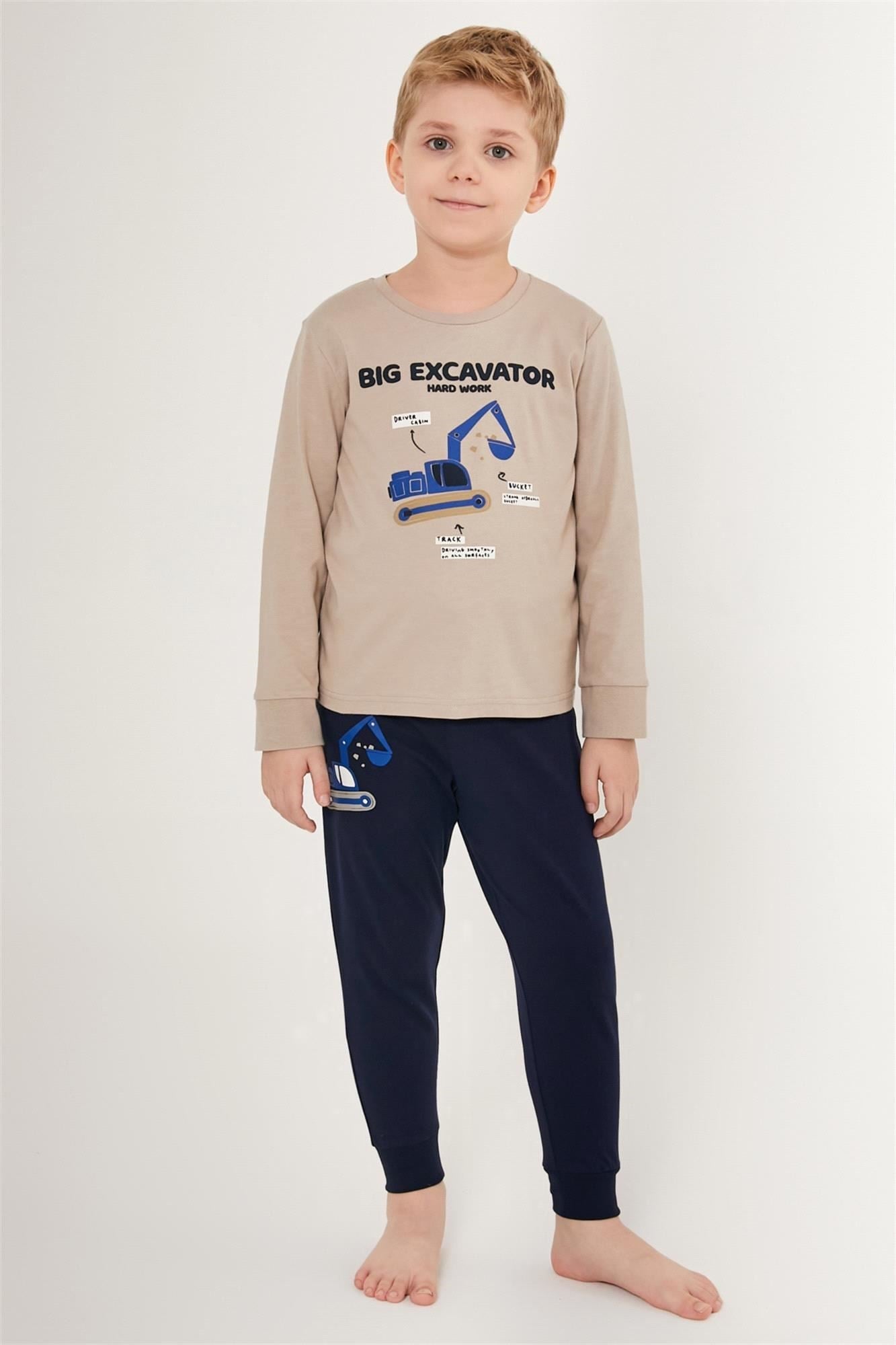 RollyPolly Erkek Çocuk Big Excavator Baskılı Pijama Takımı Kum RP3181-2
