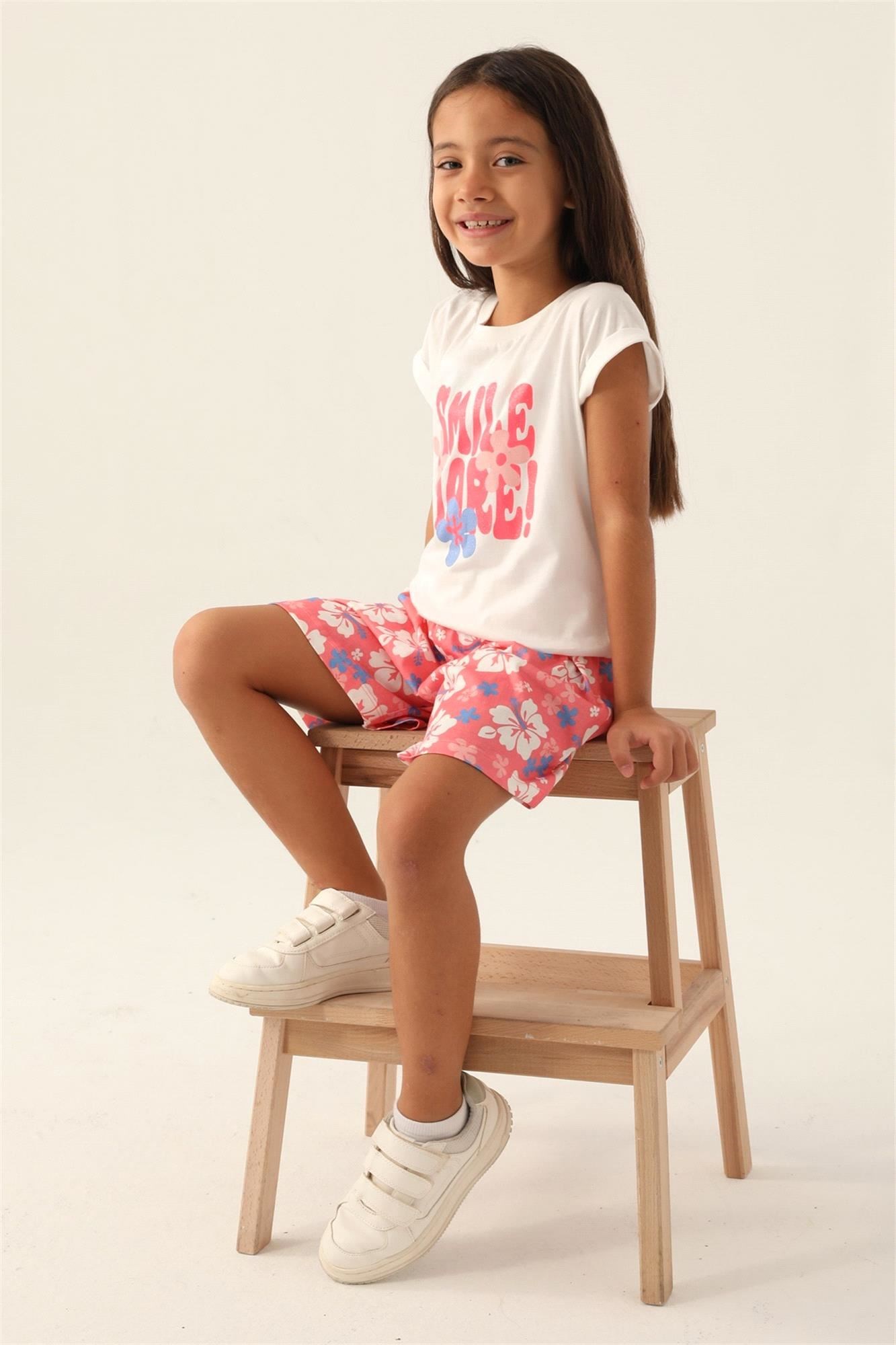 RolyPoly Kız Çocuk Çiçek Baskılı Bermuda Takım Neon Pembe RP3407-2