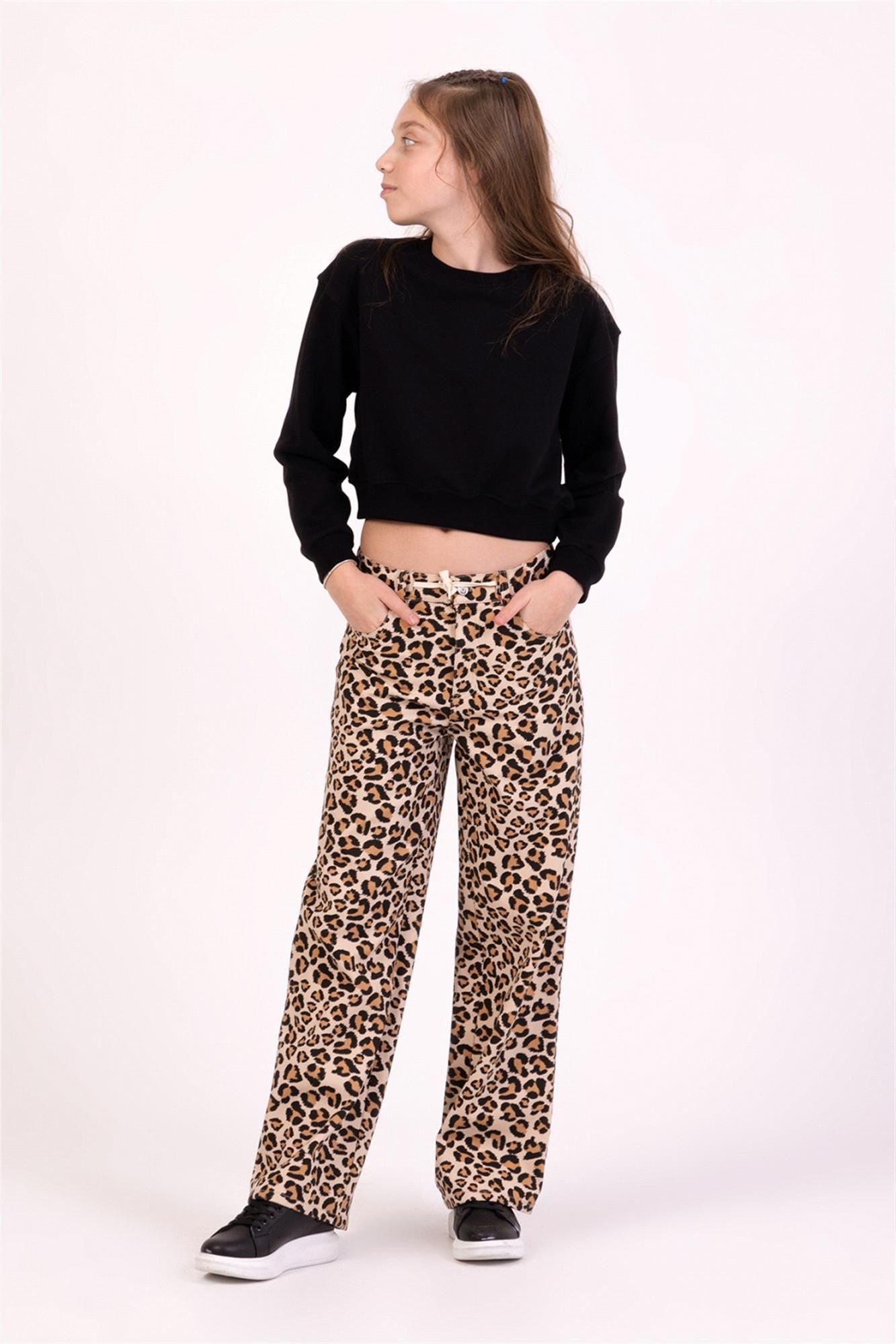 DMB Kız Çocuk Leopar Baskılı Pantolon Bej M0630