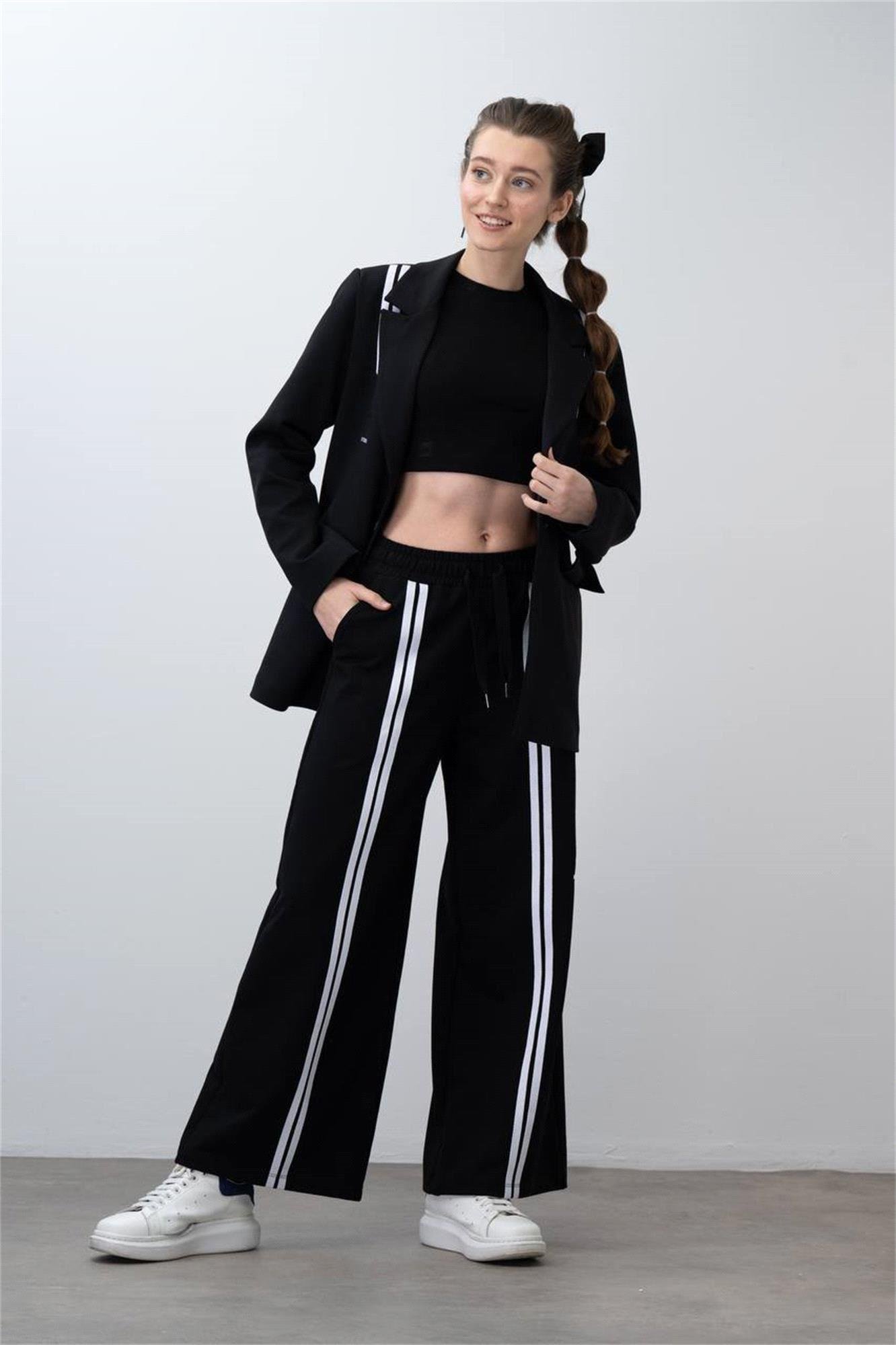 Loco Loco Kız Çocuk Şeritli Blazer Ceket Pantolon Takım Siyah 7495