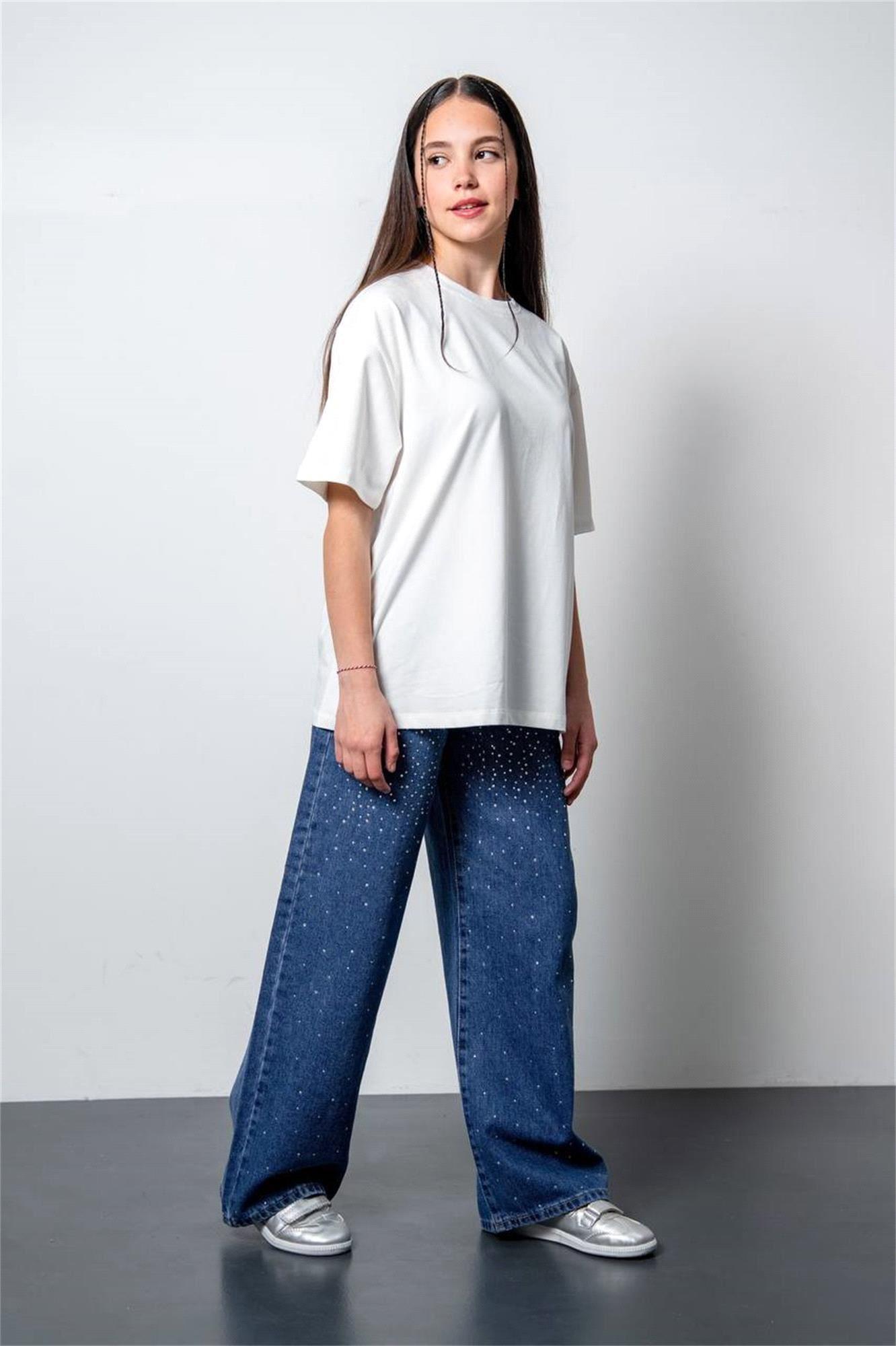 Loco Loco Kız Çocuk Taşlı Pantolon Orta Mavi 6184