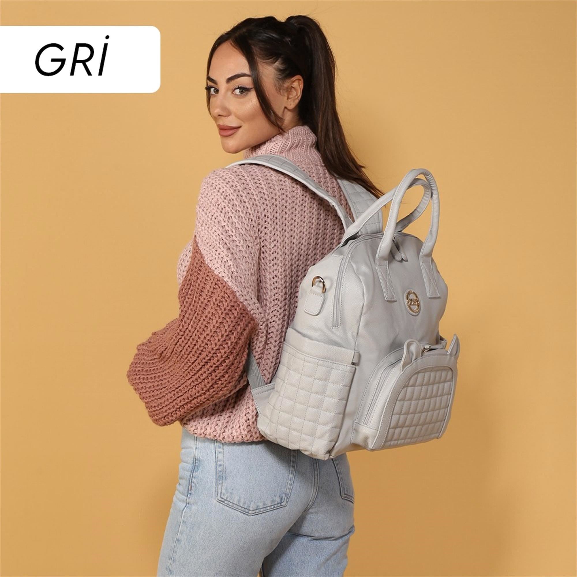 MY Collection Kıtty Deri Anne Bebek Bakım Sırt Çantası Gri 7271