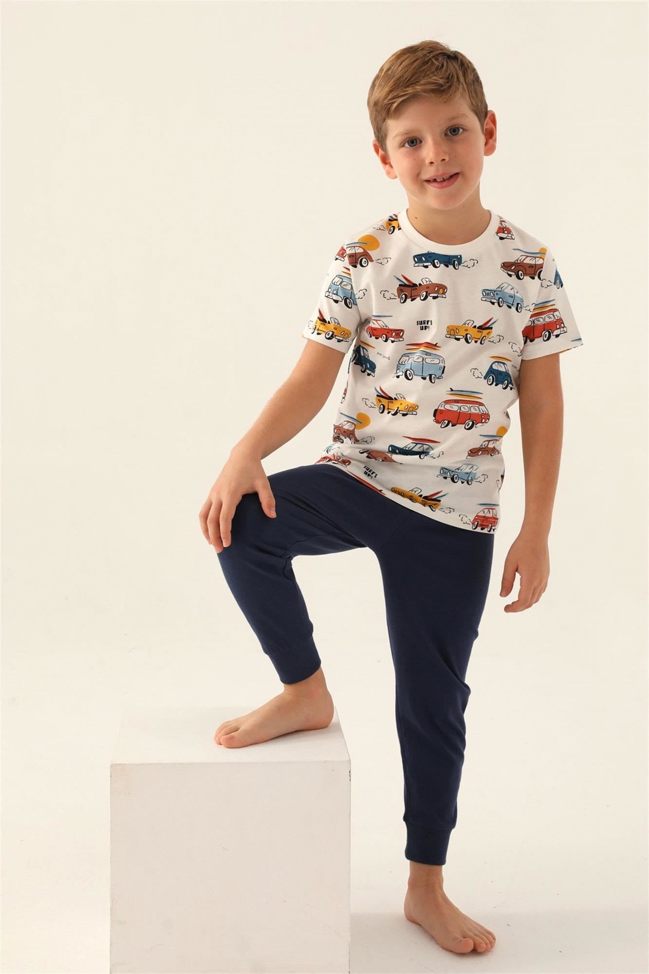 RolyPoly Erkek Çocuk Araba Baskılı Pijama Takımı Krem RP3358-2