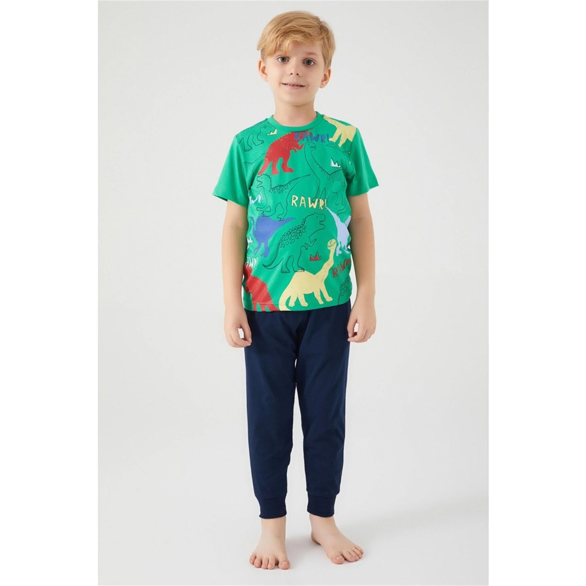 RolyPoly Erkek Çocuk Dinazor Baskılı Pijama Takımı Yeşil RP3030-2