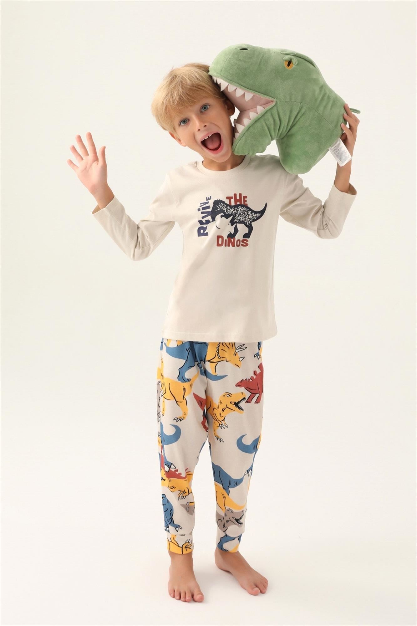 RolyPoly Erkek Çocuk Dinazorlu Pijama Takımı Bej RP3363-2
