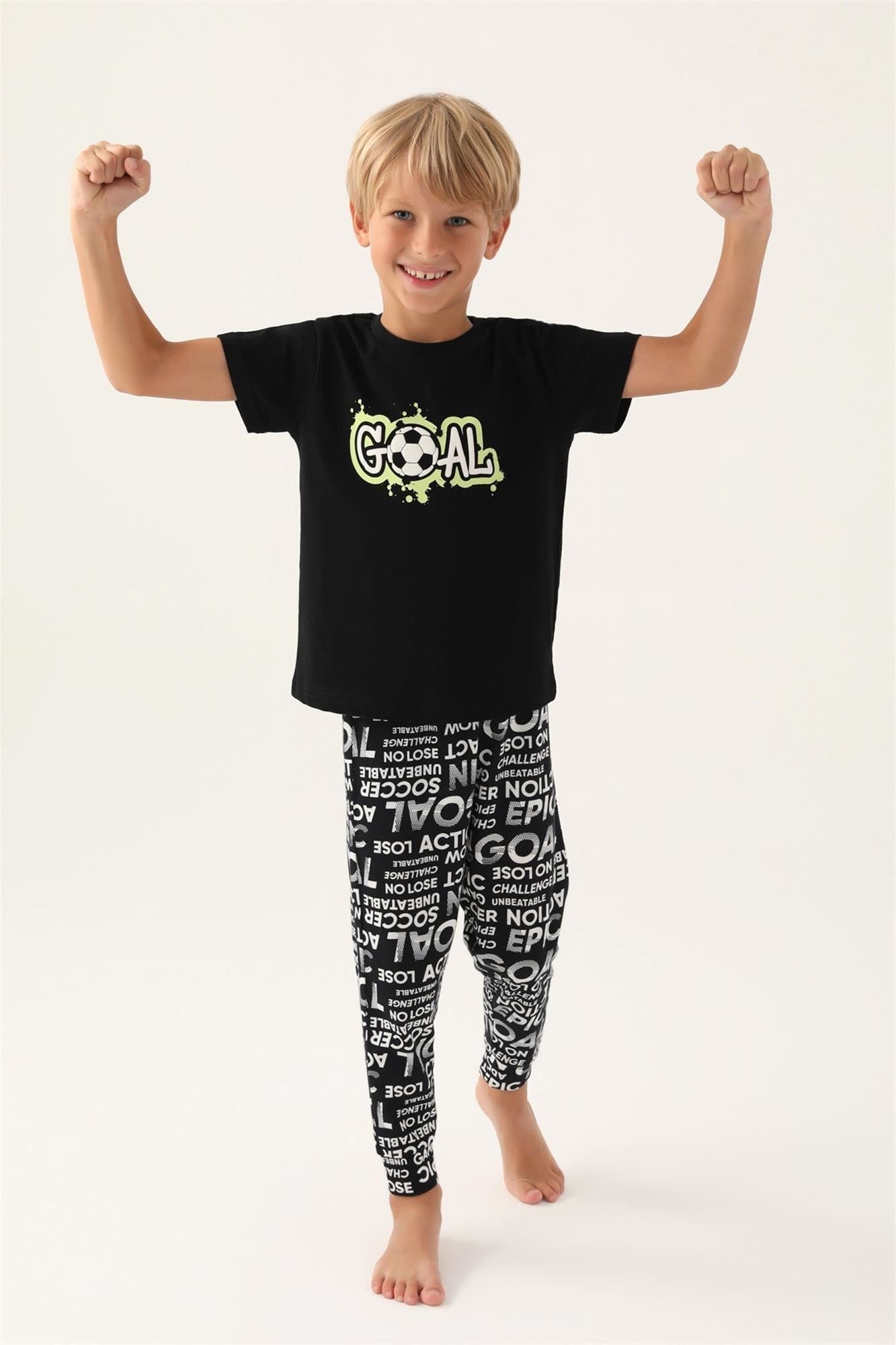 RolyPoly Erkek Çocuk Goal Baskılı Garson Boy Pijama Takımı Siyah RP3344-G