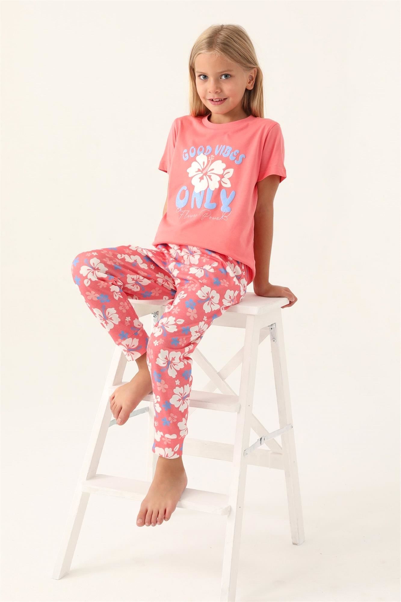 RolyPoly Kız Çocuk Çiçek Baskılı Pijama Takımı Pembe RP3410-2