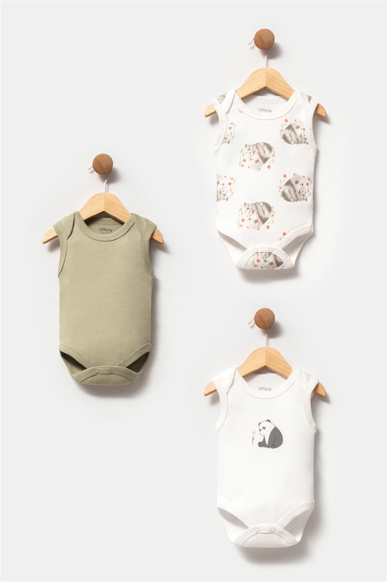 Tiffany Panda Erkek Bebek 3'lü Atlet Badi Ekru-Haki 16009