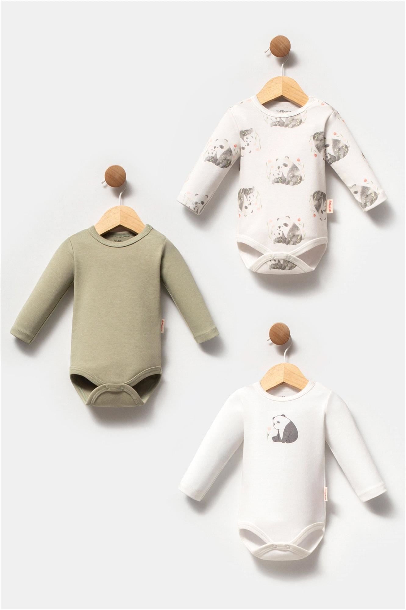Tiffany Panda Erkek Bebek 3'lü Uzun Kol Badi Ekru-Haki 16011