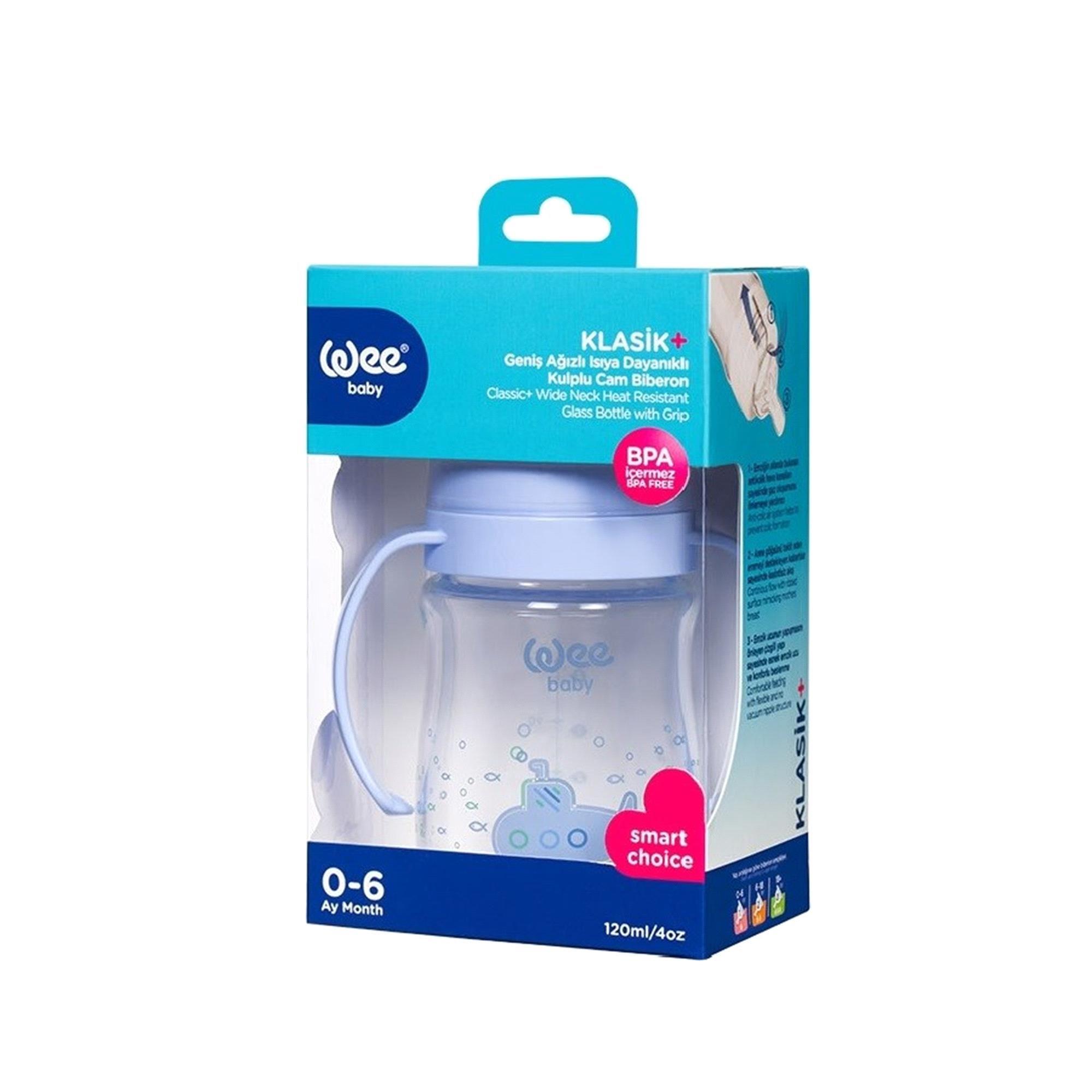 Wee 139 Klasik Geniş Ağızlı Isıya Dayanıklı Cam Biberon 120 ml 0-6 Ay Mavi
