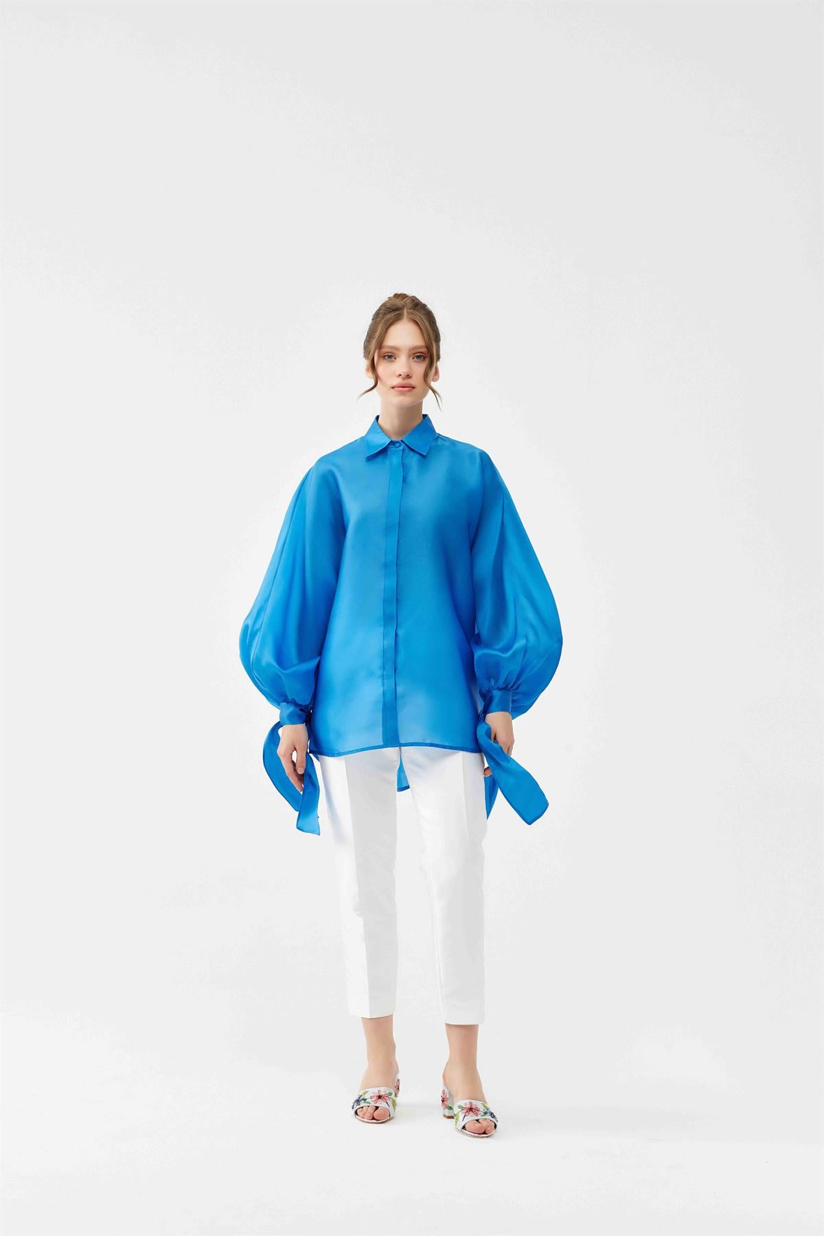 İpek Organze Oversize Mavi Gömlek
