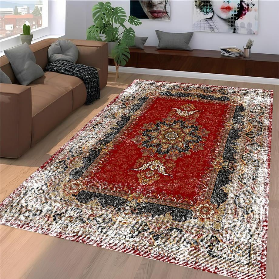 Asnen Kırmızı Eskitme Desen Dokuma Taban Yıkanabilir Halı Salon Oturma Odası Hol Antre Halısı Yolluk