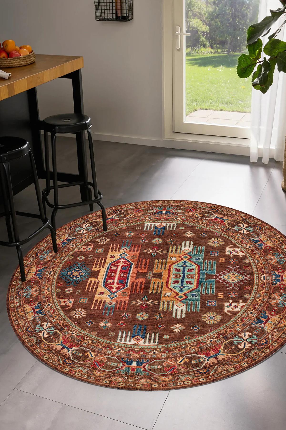 Moldelo Eskitme Vintage Desen Yuvarlak Dokuma Taban Salon Oturma Odası Antre Halısı