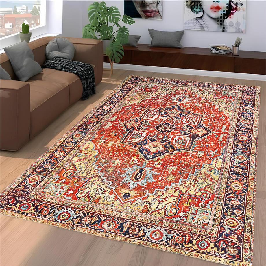 Thal Vintage Eskitme Desen Dokuma Taban Yıkanabilir Halı Salon Oturma Odası Hol Antre Halısı Yolluk