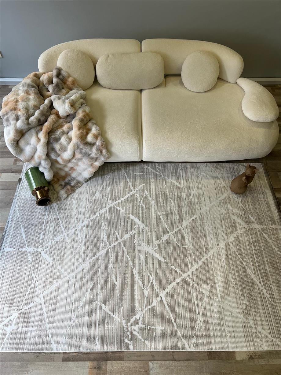 Bej Saten Bambu Modern Salon Halısı Kesme Yolluk Halı Yumuşak Doku Kaymaz Tozumaz Dokuma Makine Halısı SEFİR 204
