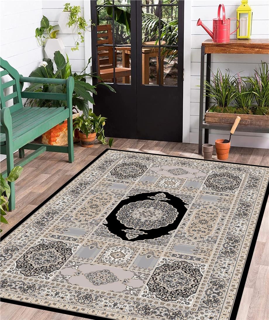 Liestan Klasik Siyah Desen Dokuma Taban Yıkanabilir Halı Salon Oturma Odası Hol Antre Halısı Yolluk