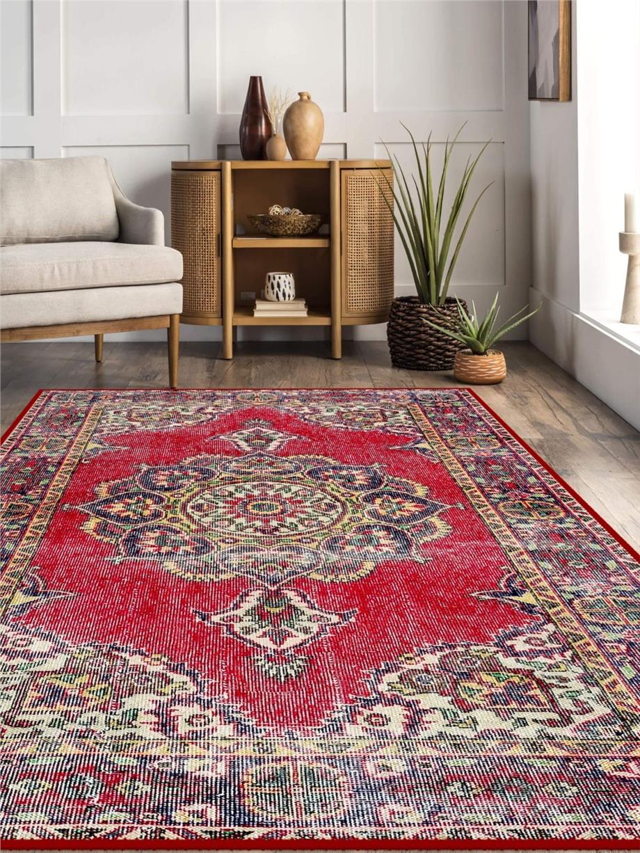 Klasik İran Desen Kırmızı Yıkanabilir Salon ve Oturma Odası Halısı