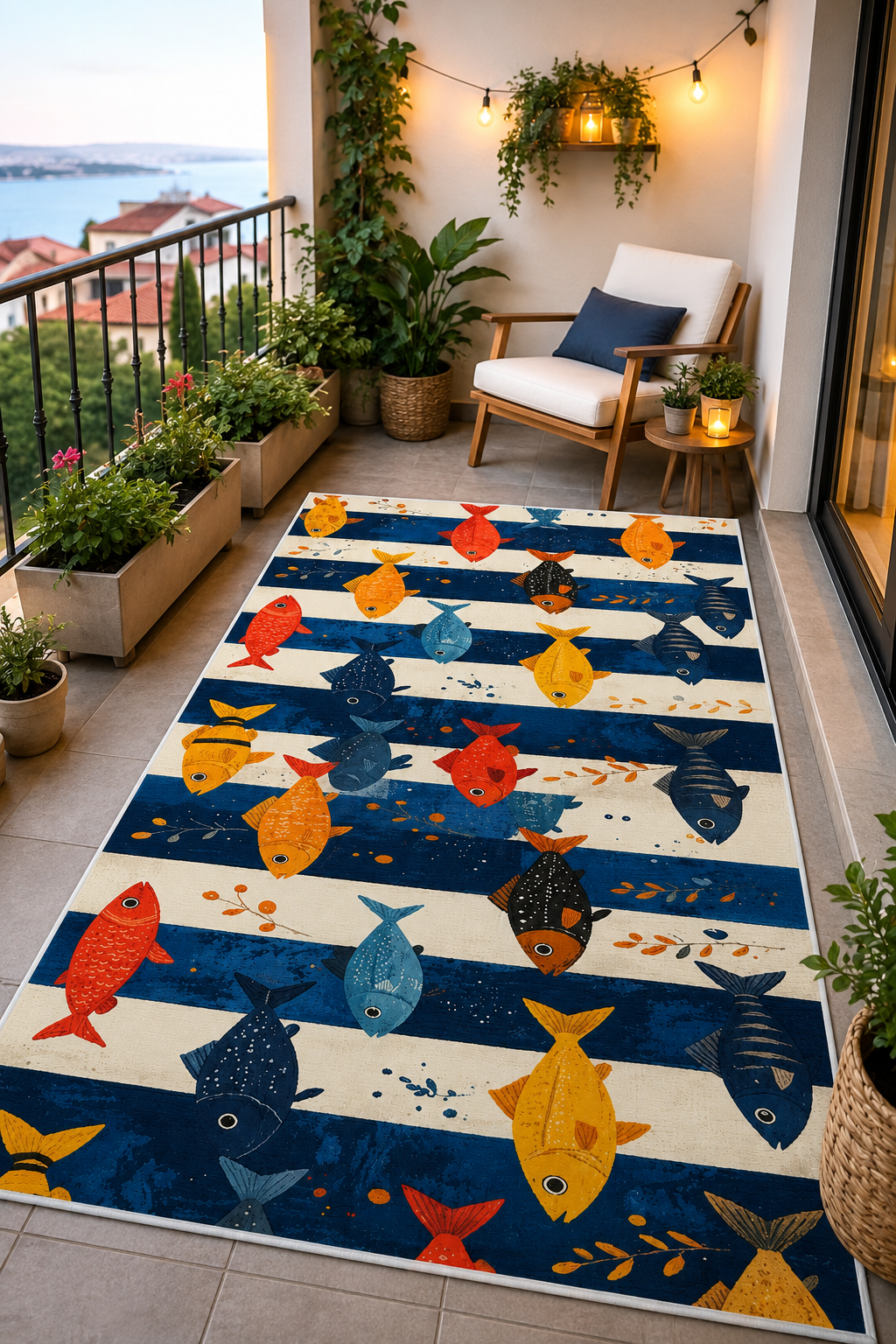 Renkli Balık Desenli Baskılı Kaymaz Yıkanabilir Mutfak Balkon Teras Halısı Yolluk
