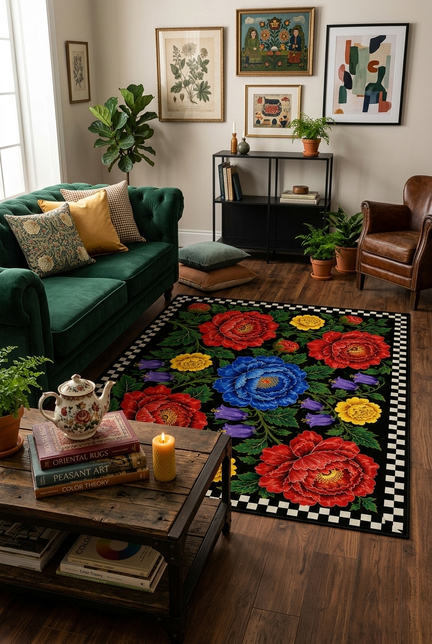 Renkli Floral Desen Siyah Baskılı Kaymaz Taban Yıkanabilir Salon Oturma Odası Antre Halısı Yolluk