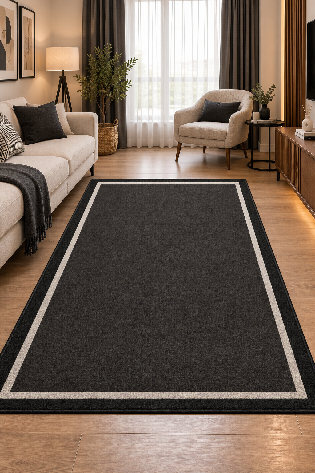 Siyah Çerçeveli Modern Baskılı Yıkanabilir Halı Salon Oturma Odası Yatak Odası Antre Halısı Yolluk Kesme Halı