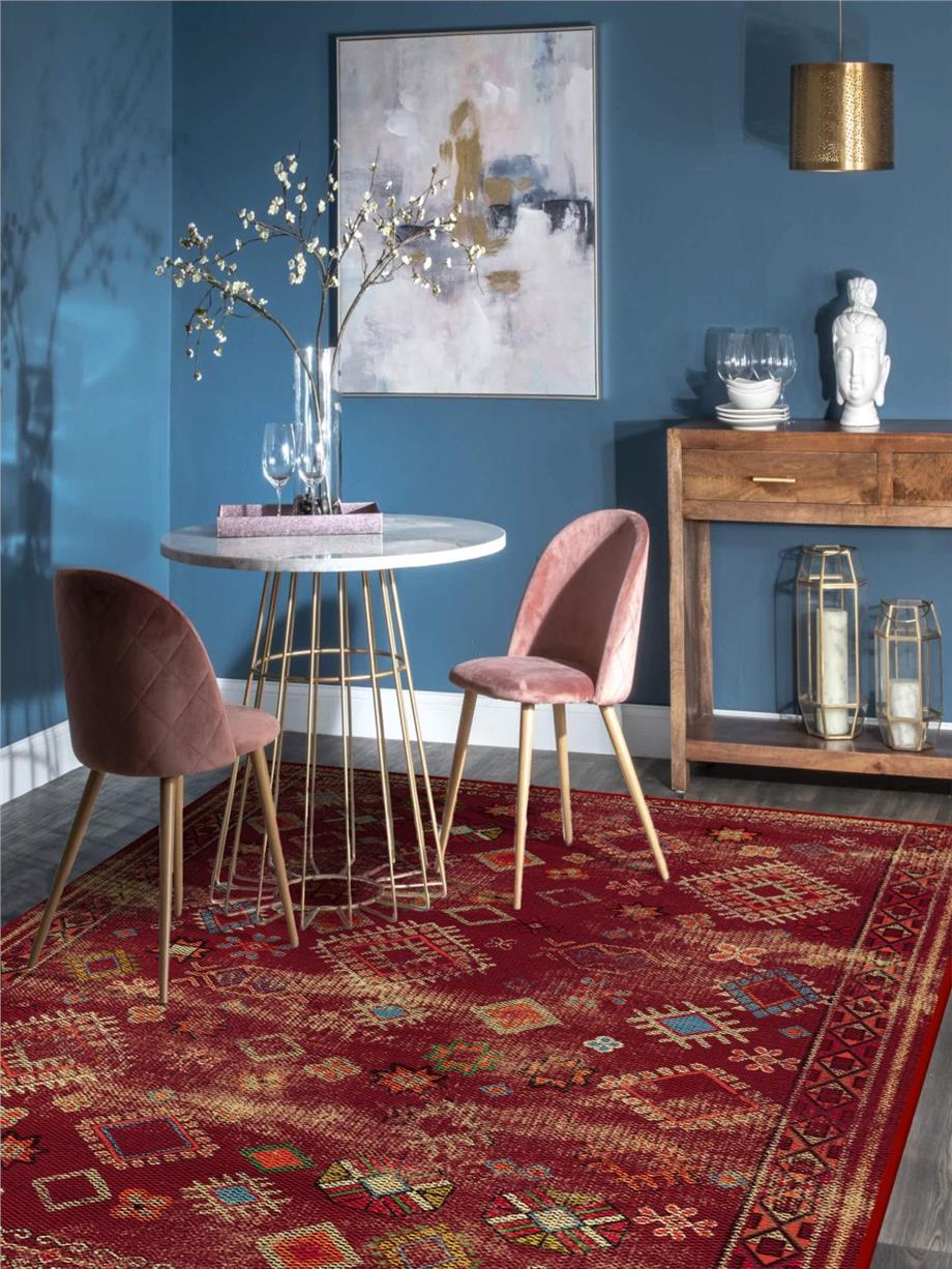 Bordo Etnik Kilim Desen Yıkanabilir Salon - Oturma Odası Halısı Yolluk Halı