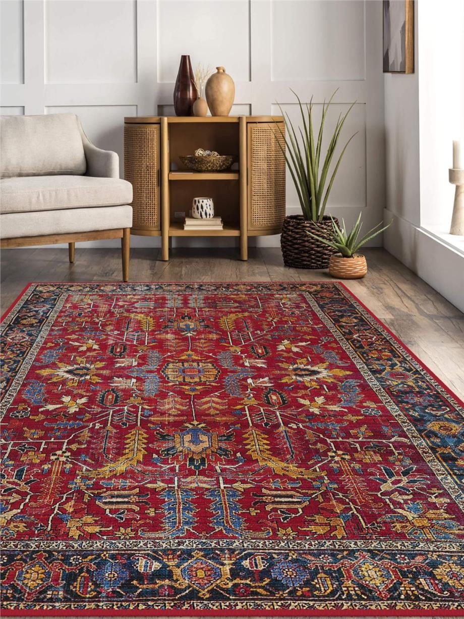 Klasik Kilim Desenli Yıkanabilir Bordo Salon - Oturma Odası Halısı Yolluk Halı