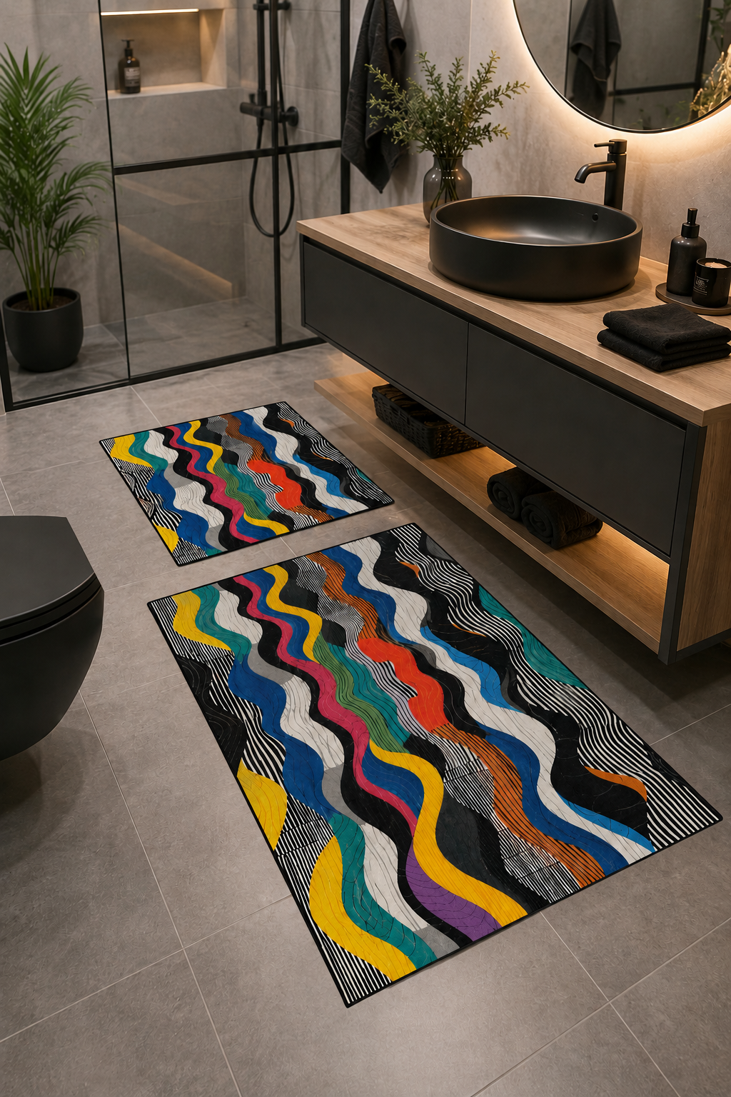Renkli Çizgi Desenli Yıkanabilir Kaymaz Banyo Paspas Seti 50x60-60x100