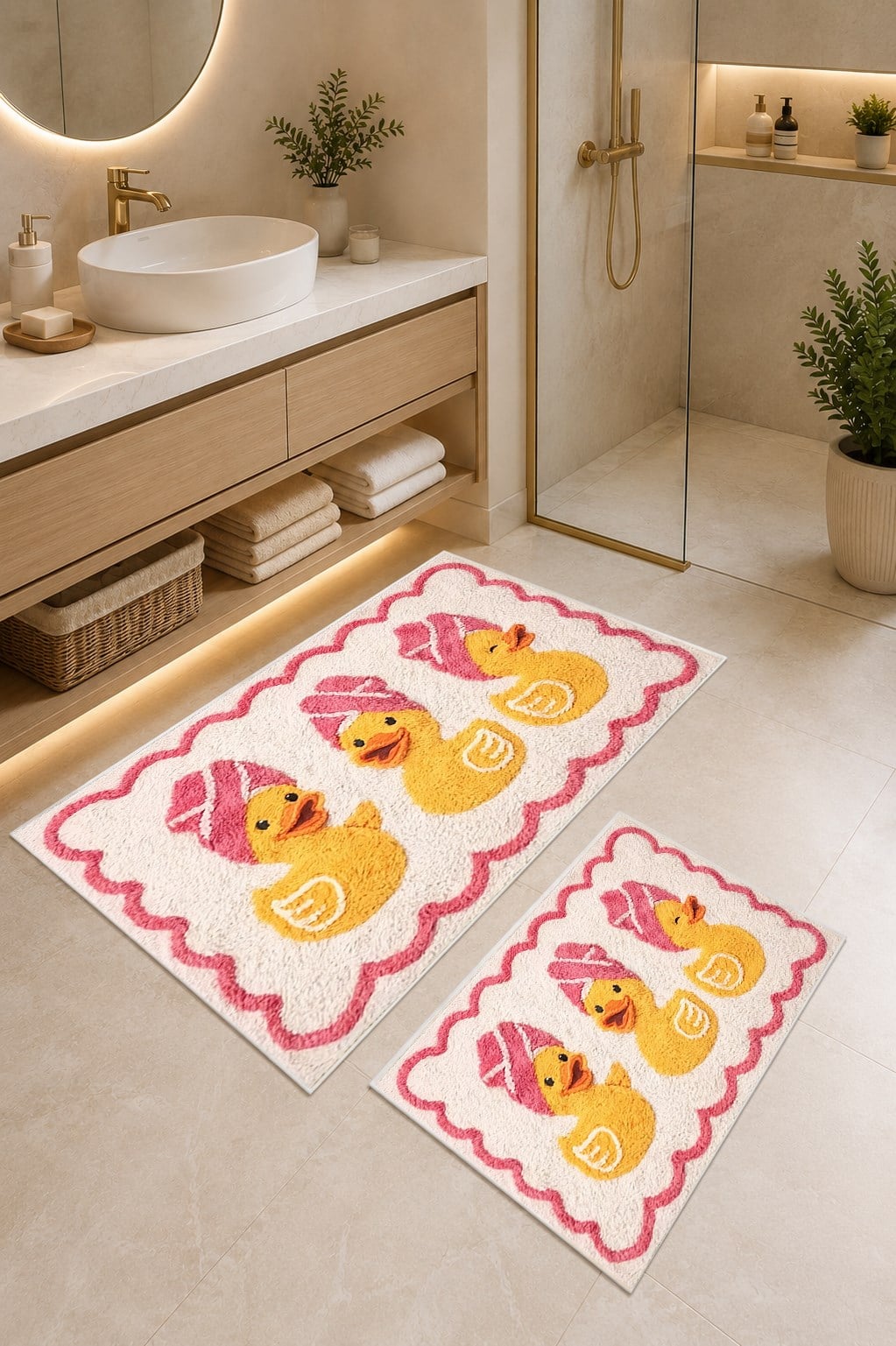 Pembe Ördek Desen Yıkanabilir Kaymaz Taban 2li Banyo Paspas Seti Banyo Halısı 50x60-60x100