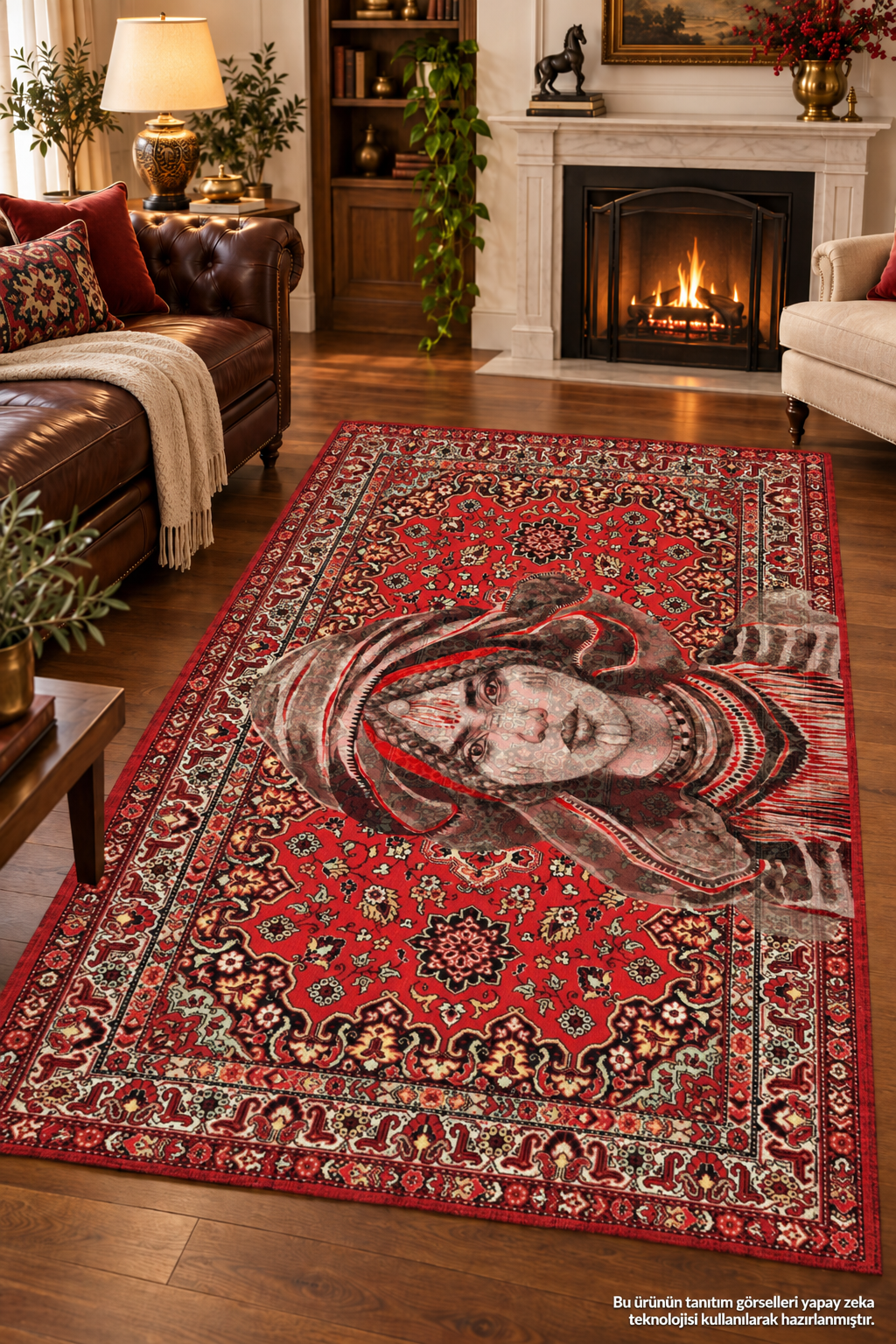 Portre Desenli Vintage Kaymaz Dokuma Taban Yıkanabilir Salon - Oturma Odası Halısı Yolluk