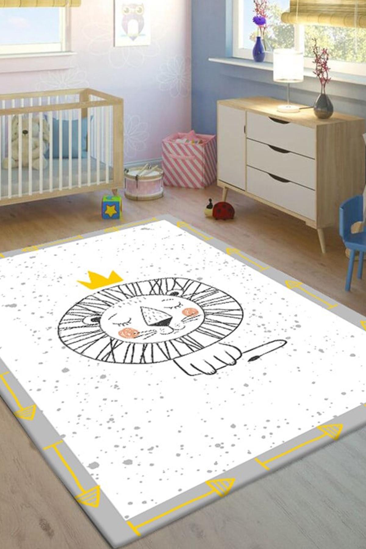 Beyaz Aslan Baskılı Kaymaz Tabanlı Makinede Yıkanabilir Çocuk Halısı
