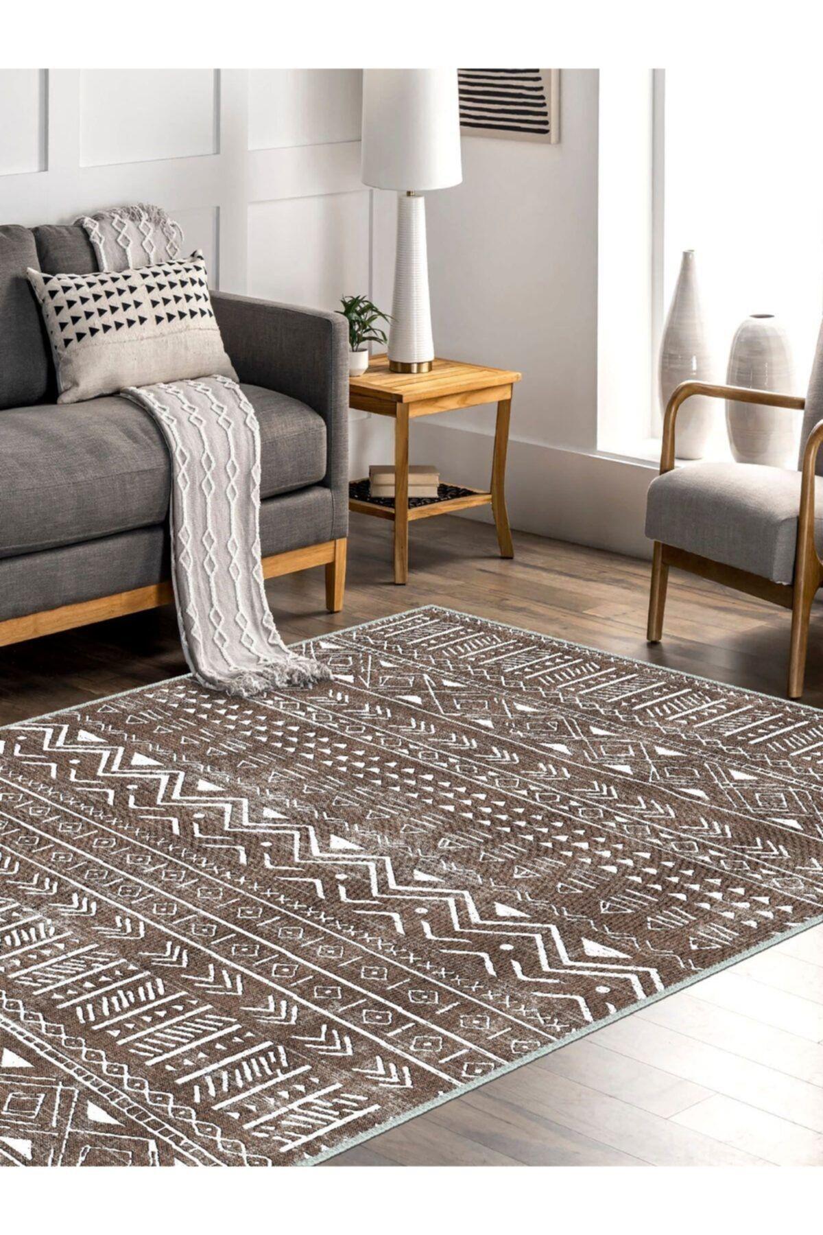 Frenvilo Kahve İskandinav Desen Dokuma Taban Salon - Oturma Odası Halısı