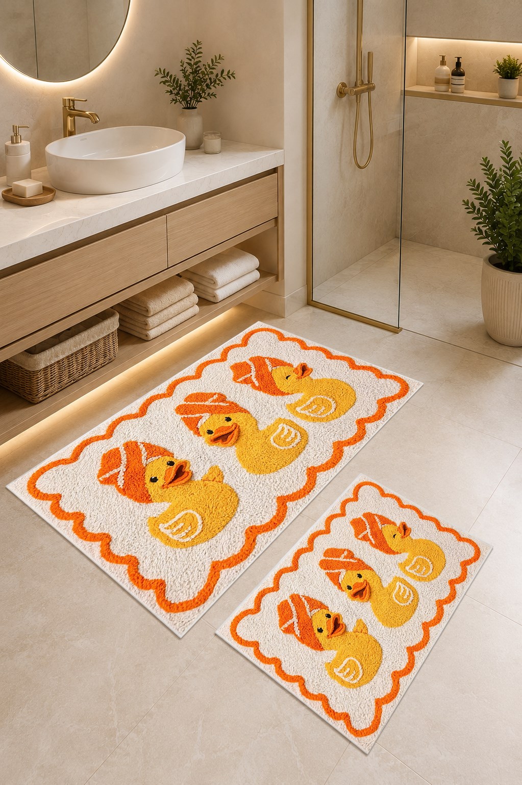 Turuncu Ördek Desen Yıkanabilir Kaymaz Taban 2li Banyo Paspas Seti Banyo Halısı 50x60-60x100