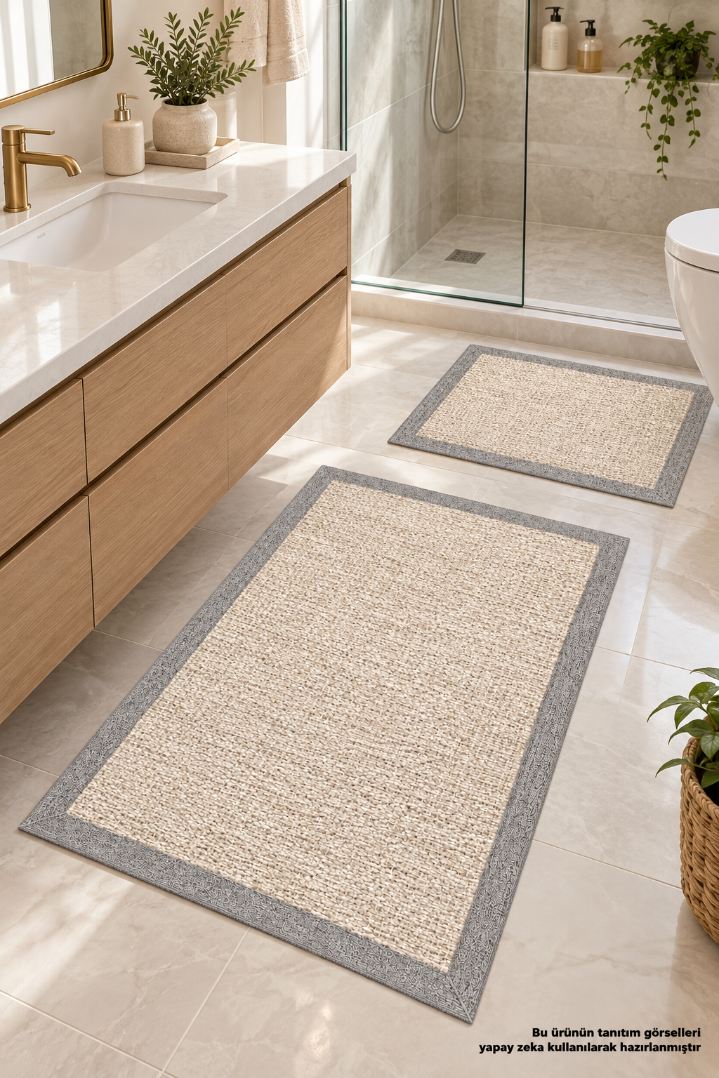 Sisal Görünümlü Çerçeve Baskılı Yıkanabilir Kaymaz Taban 2li Banyo Paspas Seti Banyo Halısı 50x60-60x100