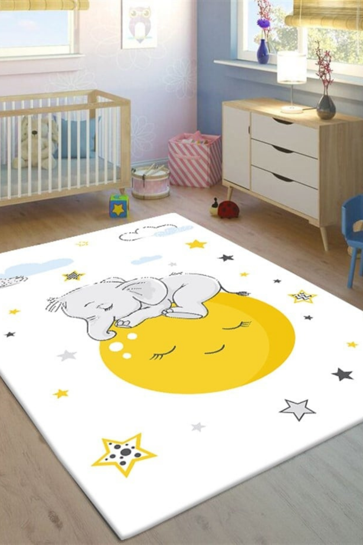 Elephant Baskılı Kaymaz Tabanlı Makinede Yıkanabilir Çocuk Halısı