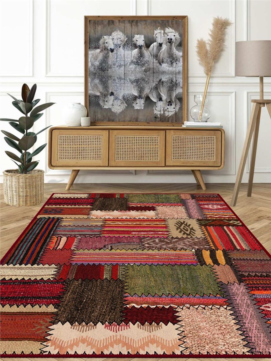 Anadolu Patchwork Desenli Yıkanabilir Salon - Oturma Odası Halısı Yolluk Halı