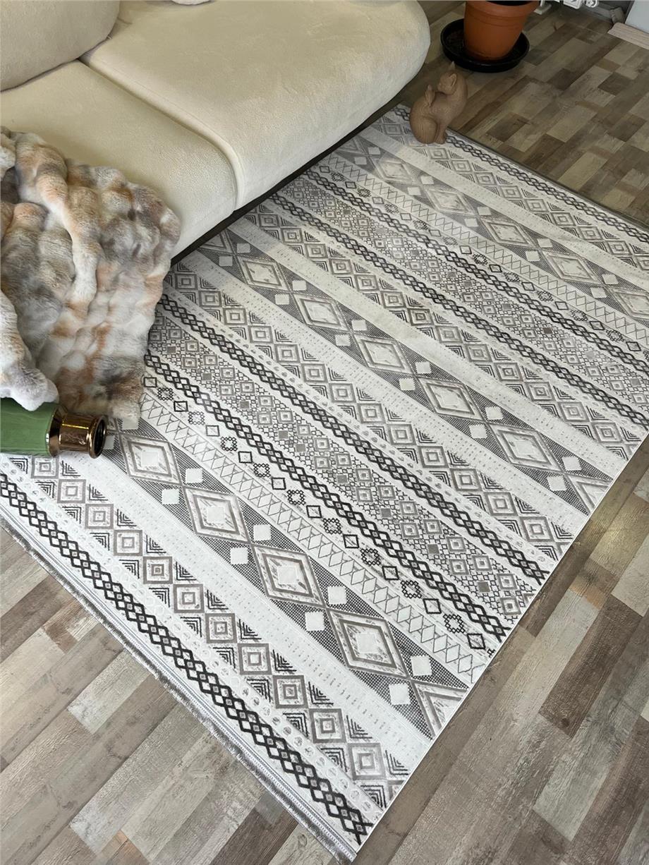 Gri Saten Bambu Salon Halısı Kesme Yolluk Halı Yumuşak Doku Kaymaz Tozumaz Dokuma Makine Halısı SEFİR 201