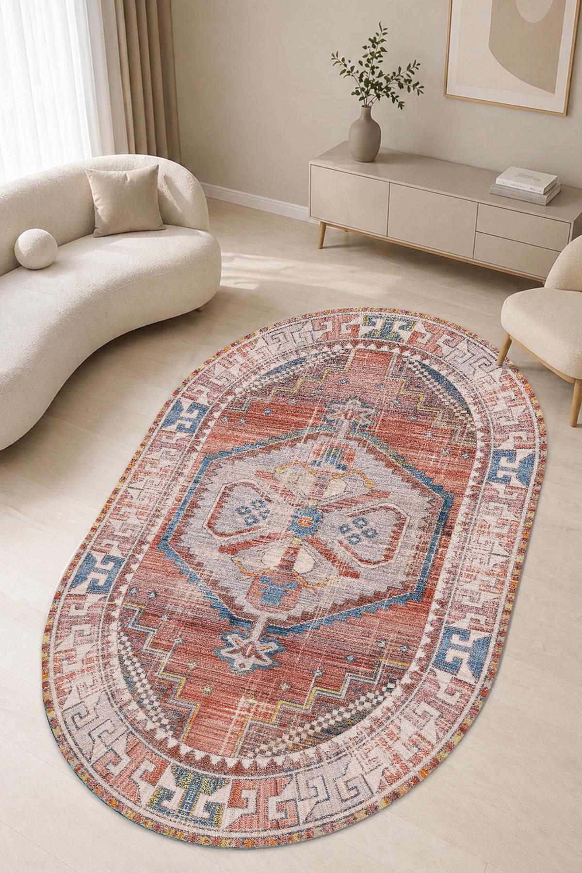 Jivna Vintage Desen Oval Kaymaz Taban Yıkanabilir Salon Oturma Odası Antre Halısı