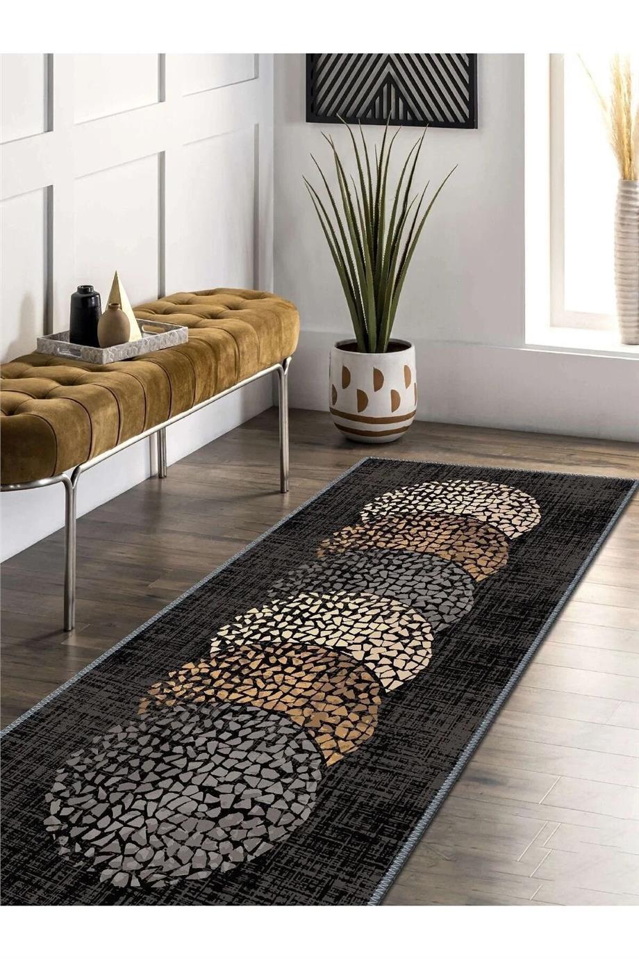 Siyah Zemin Üzerine Füme Geçişli Modern Desen Yuvarlak Kaymaz Taban Yıkanabilir Halı Kilim