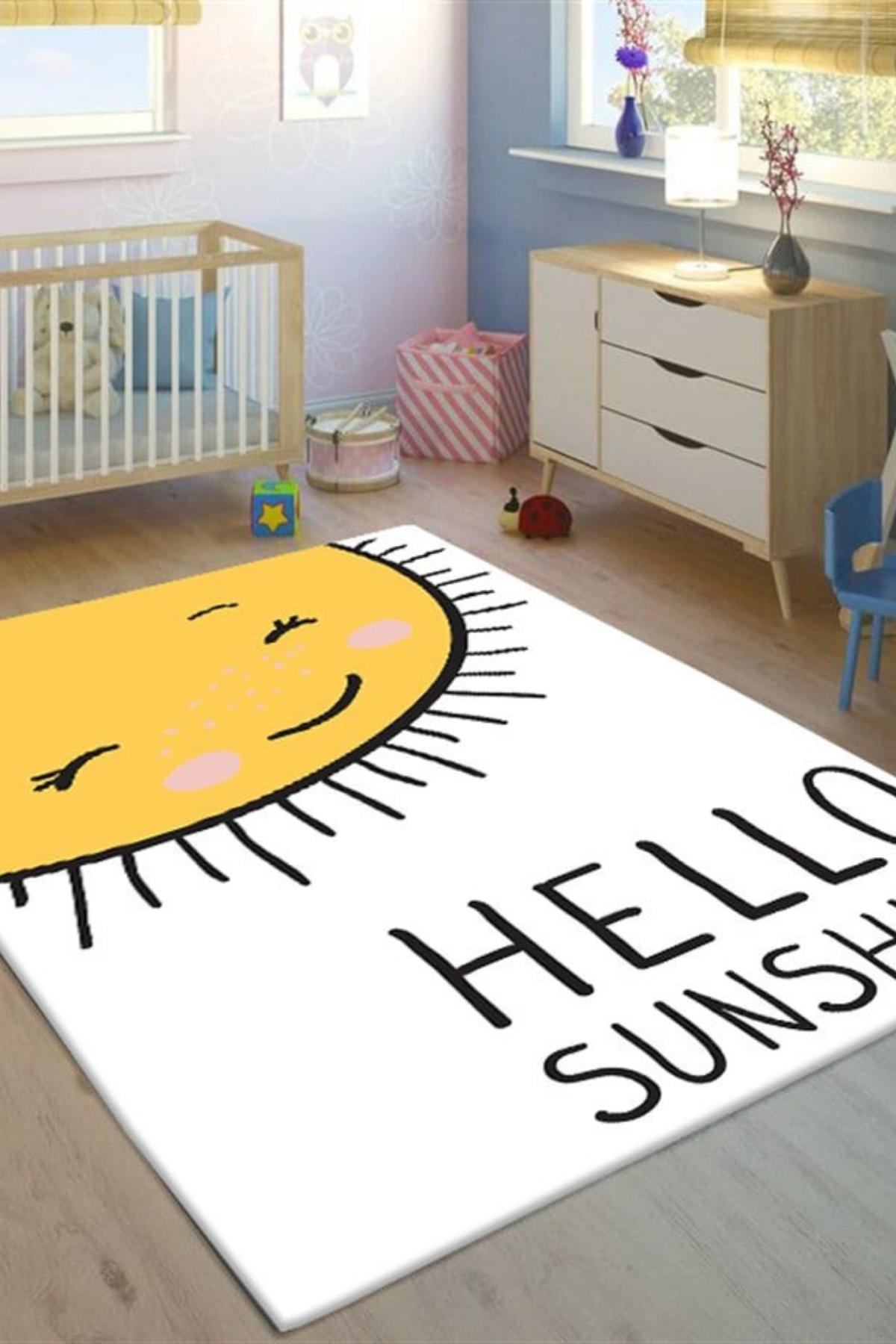 Hello Sun Baskılı Kaymaz Tabanlı Makinede Yıkanabilir Çocuk Halısı