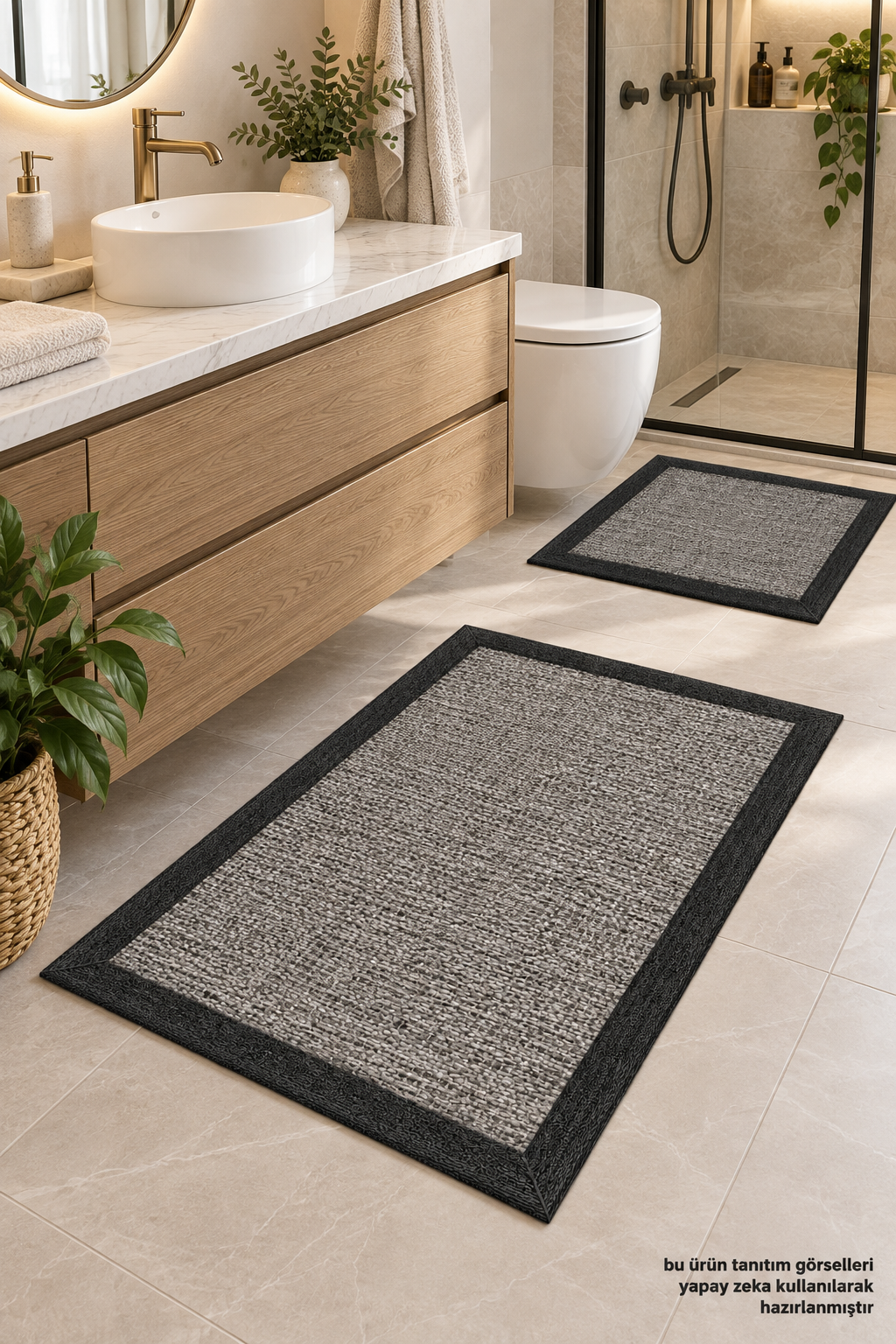 Sisal Dokulu Dekoratif Gri Baskılı Yıkanabilir Kaymaz Taban 2li Banyo Paspas Seti Banyo Halısı 50x60-60x100