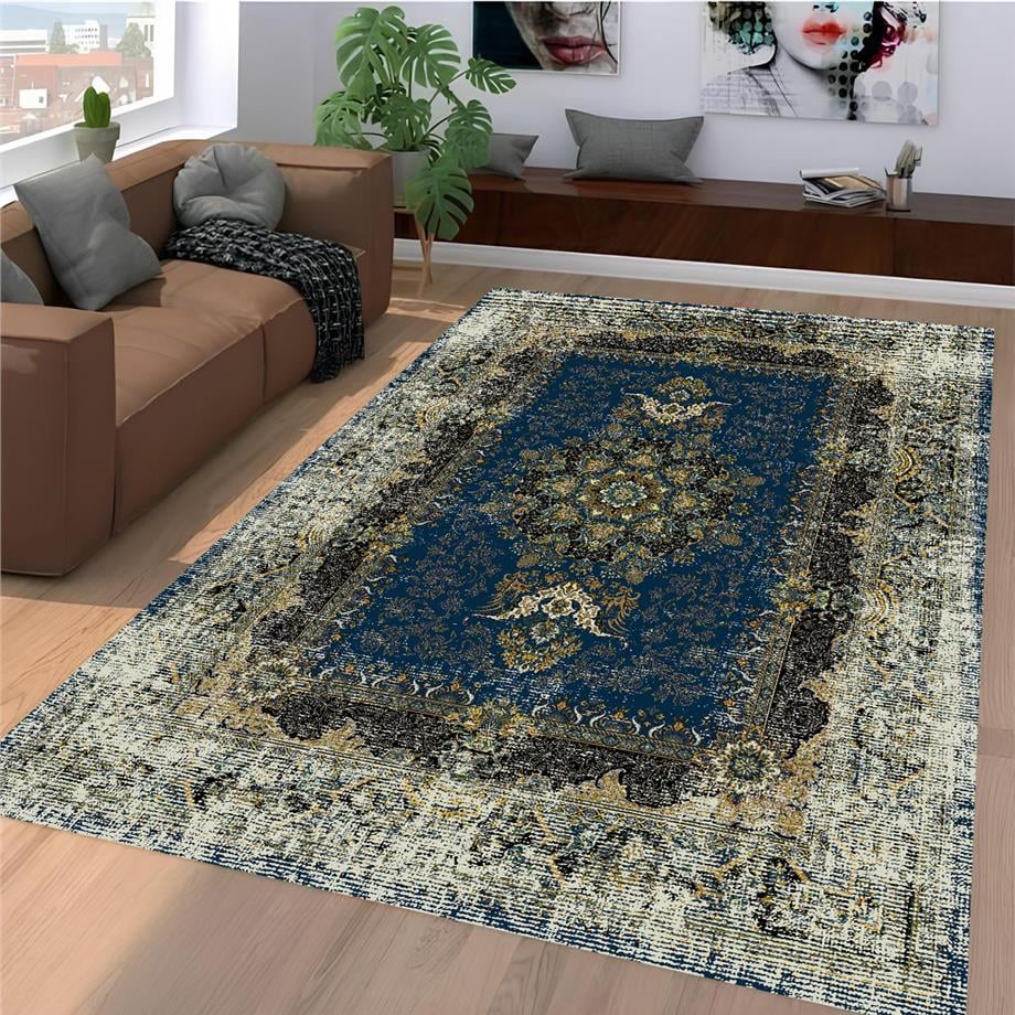 Asnen Lacivert Eskitme Desen Dokuma Taban Yıkanabilir Halı Salon Oturma Odası Hol Antre Halısı Yolluk